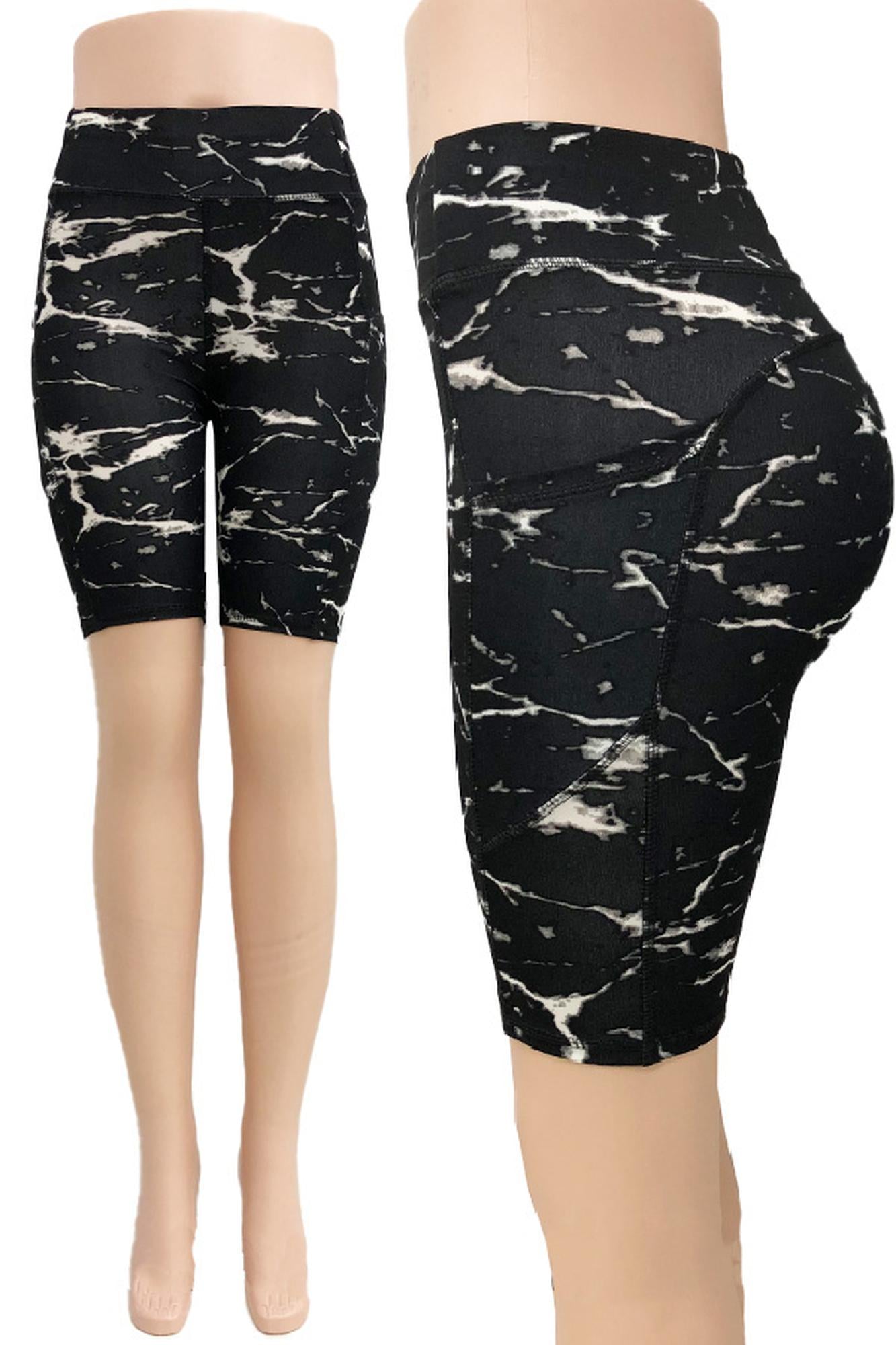Black Marble High Waist Sport Biker Premium Shorts with Side Pocket