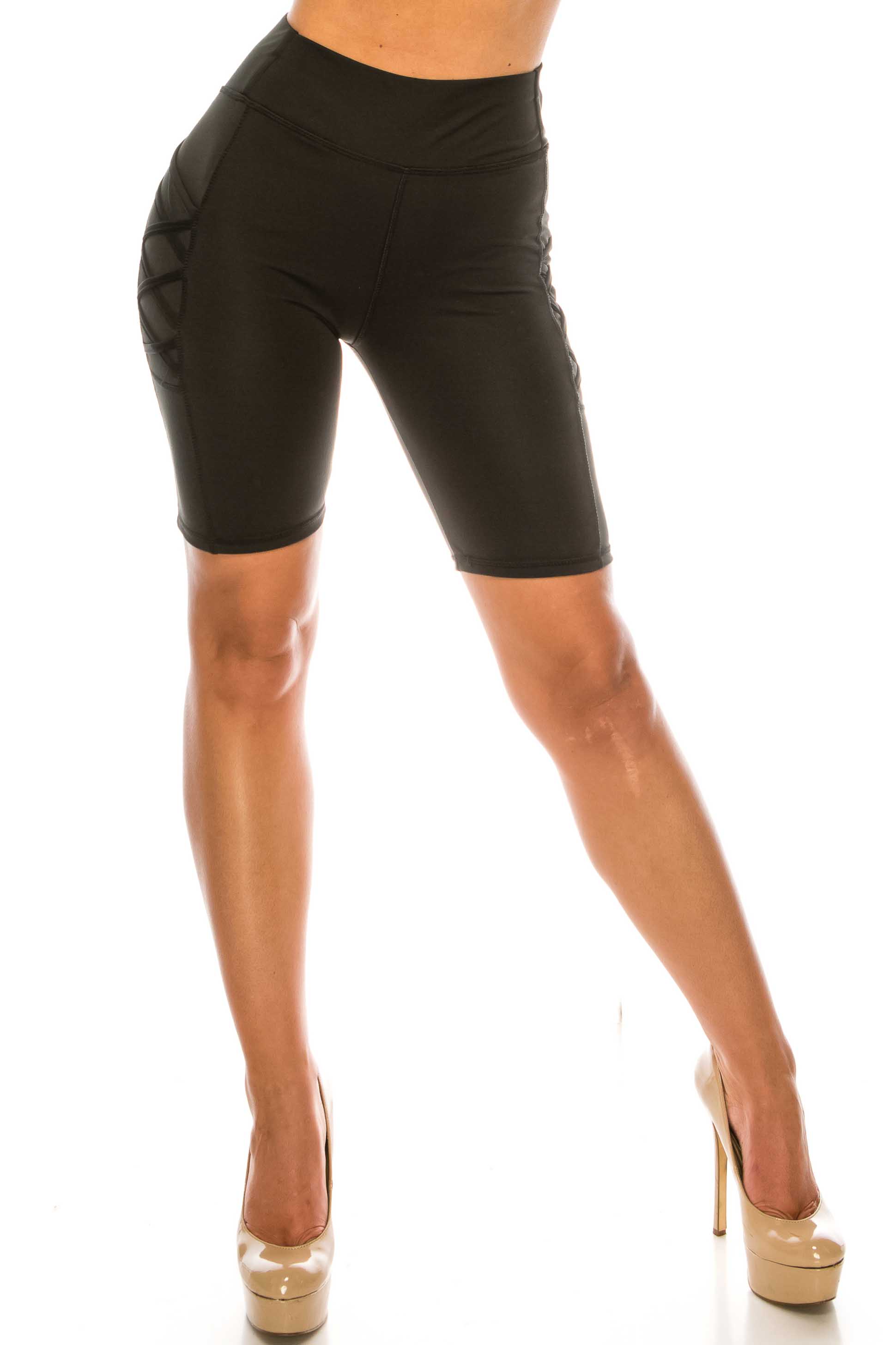 Solid Black Crisscross Detail High Waist Sport Biker Premium Shorts with Side Pocket