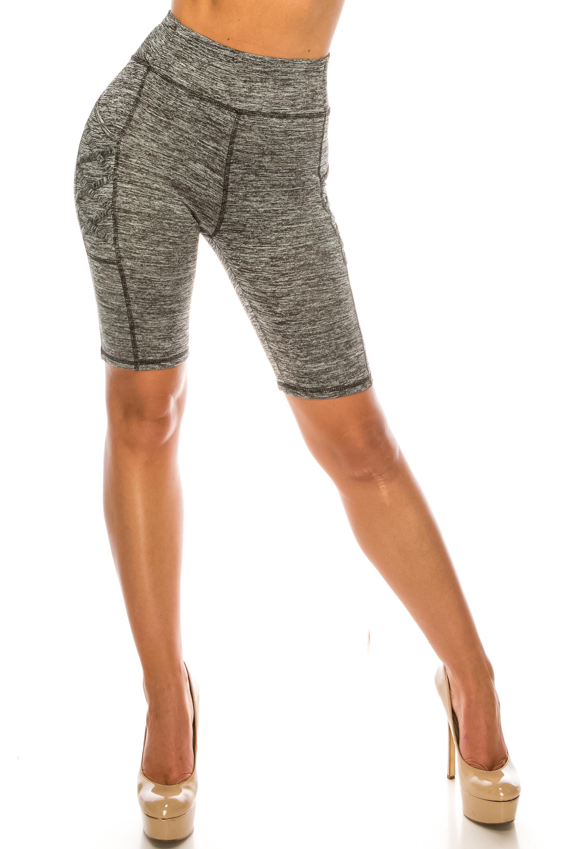 Solid Heathered Crisscross Detail High Waist Sport Biker Premium Shorts with Side Pocket