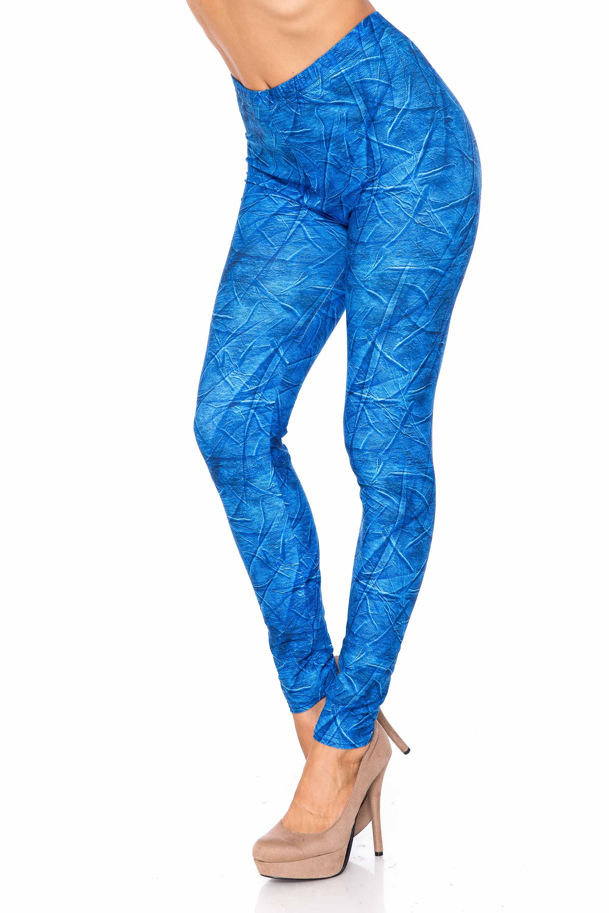 Creamy Soft Blue Wrinkled Denim Leggings - USA Fashion