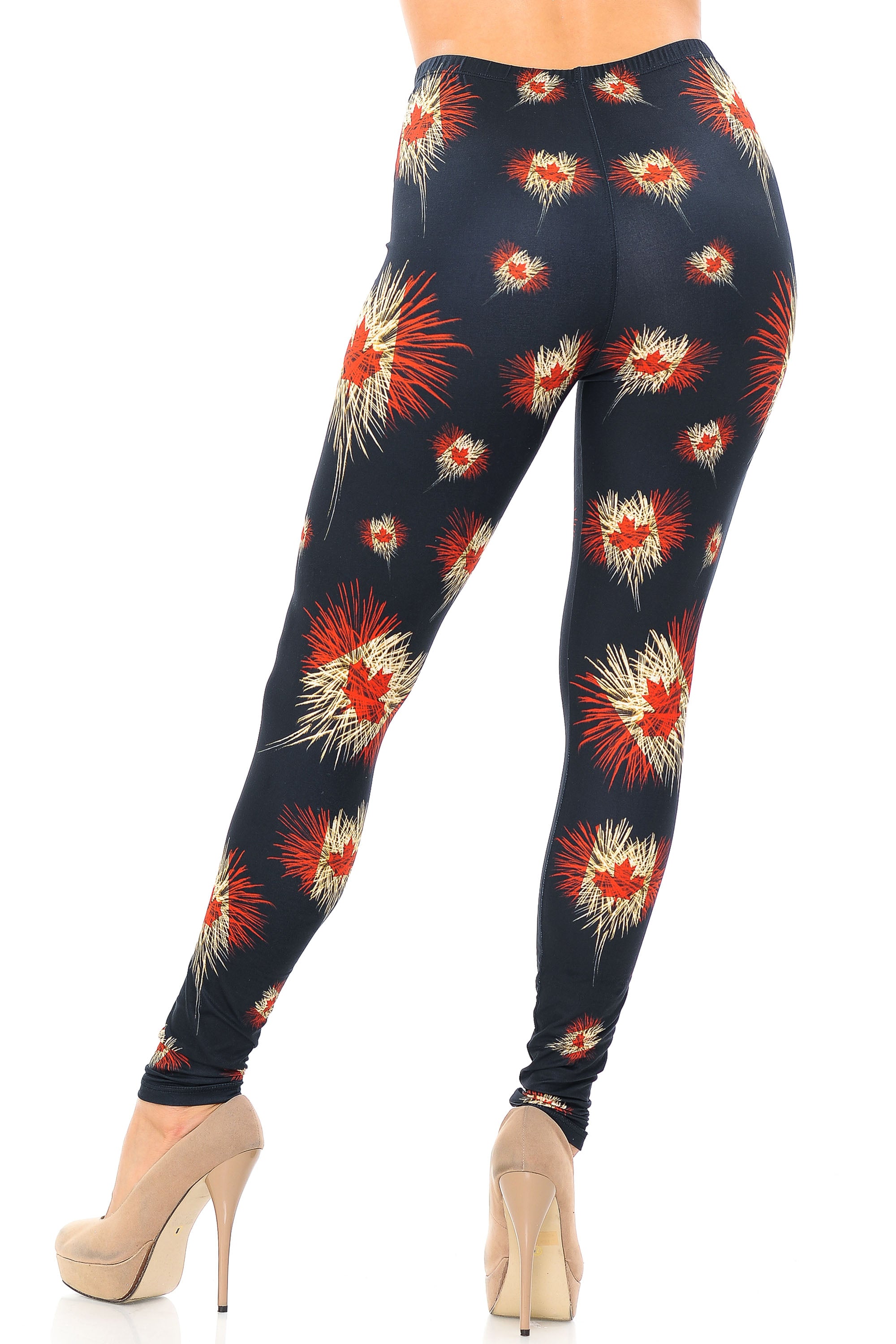 Creamy Soft Canadian Flag Fireworks Leggings - USA Fashion