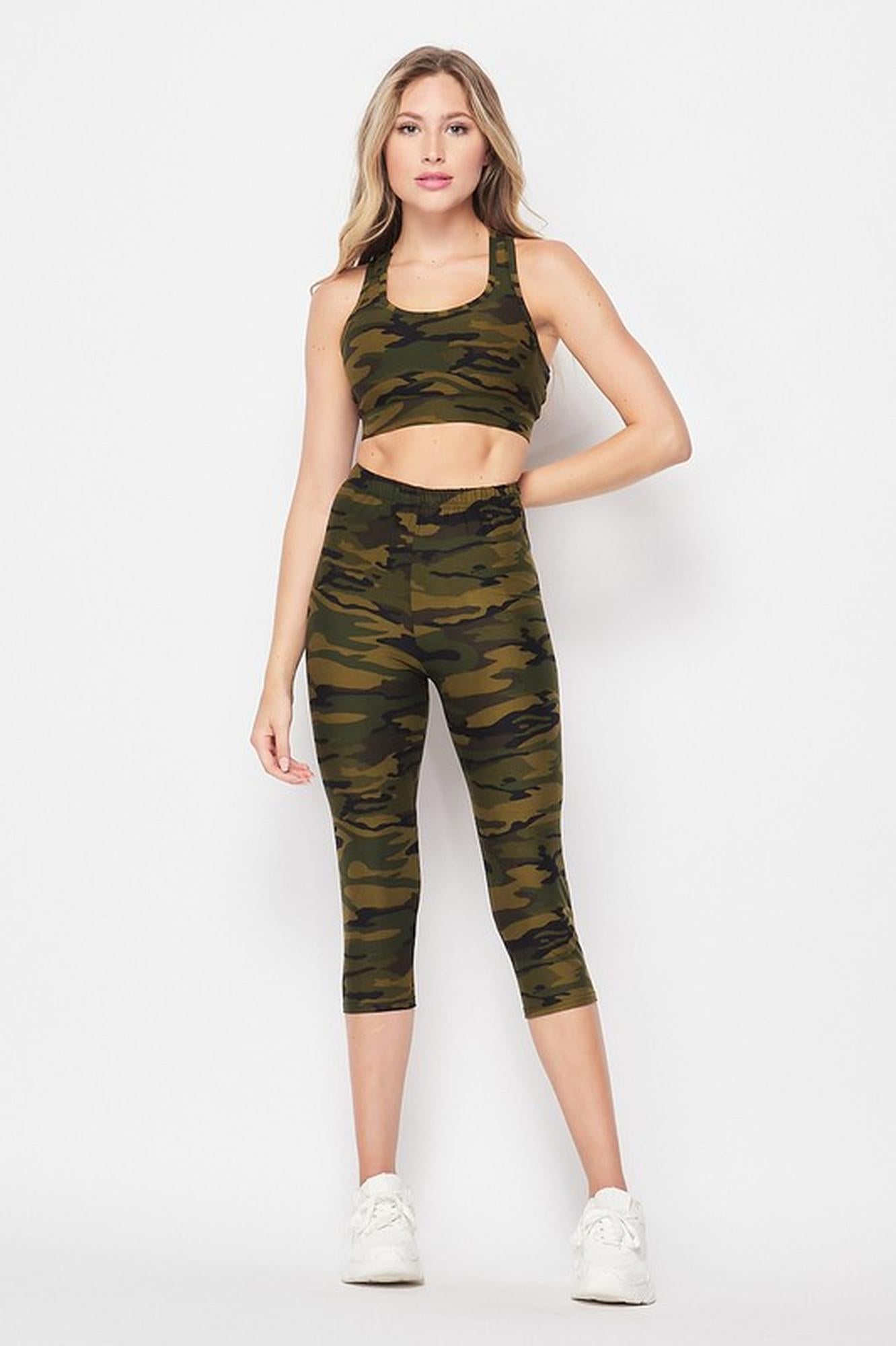 2 Piece Green Camouflage Crop Premium Top and Capris Set