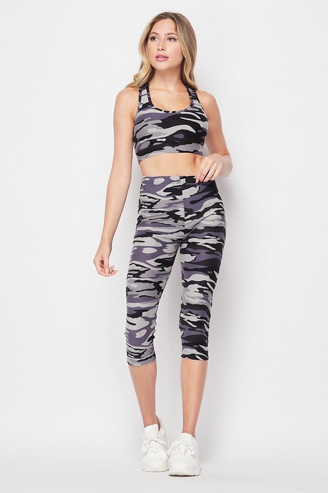 2 Piece Charcoal Camouflage Crop Premium Top and Capris Set