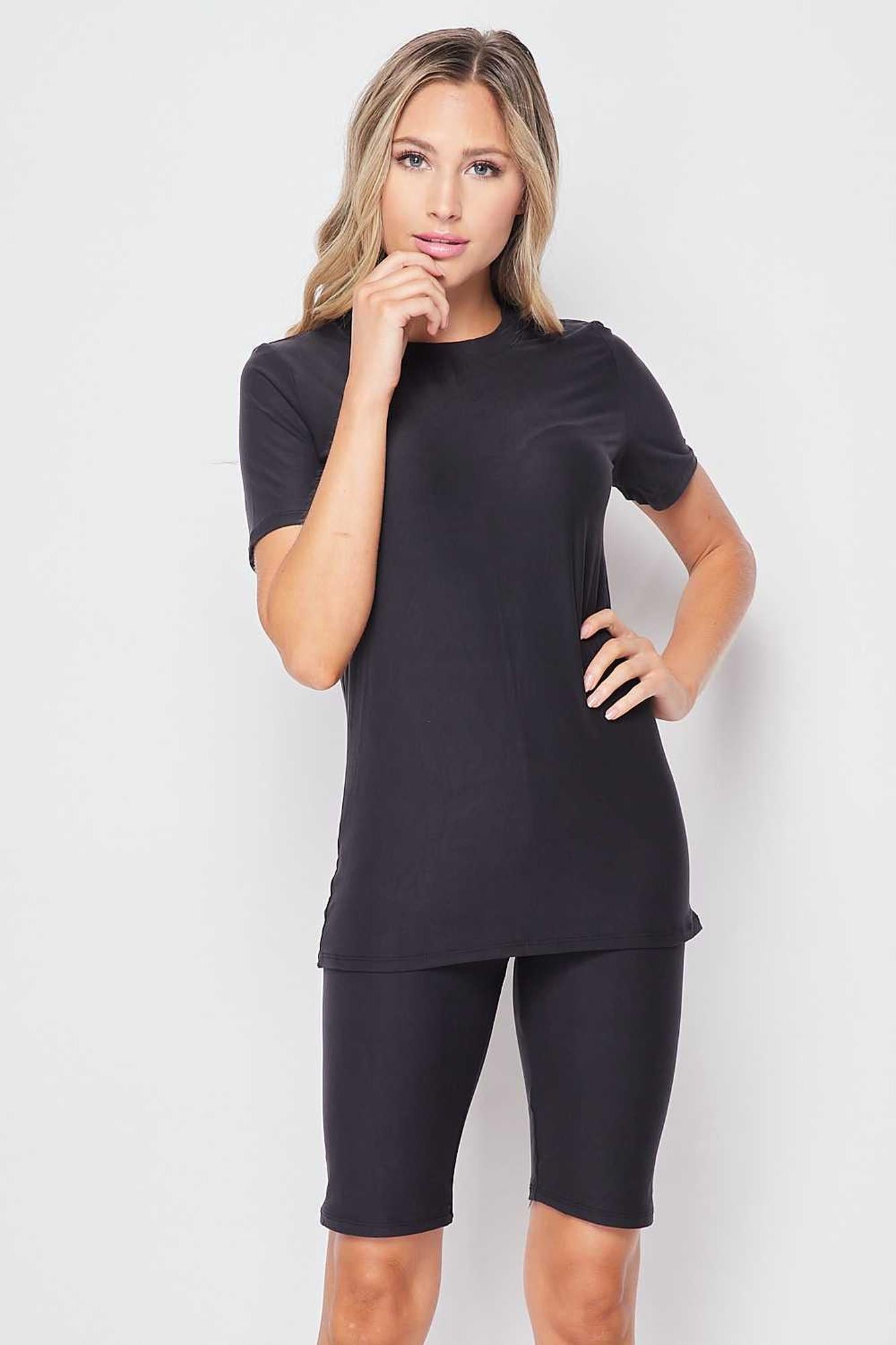 2 Piece Buttery Soft Essential Solid Biker Premium Shorts and T-Modern Shirt Set
