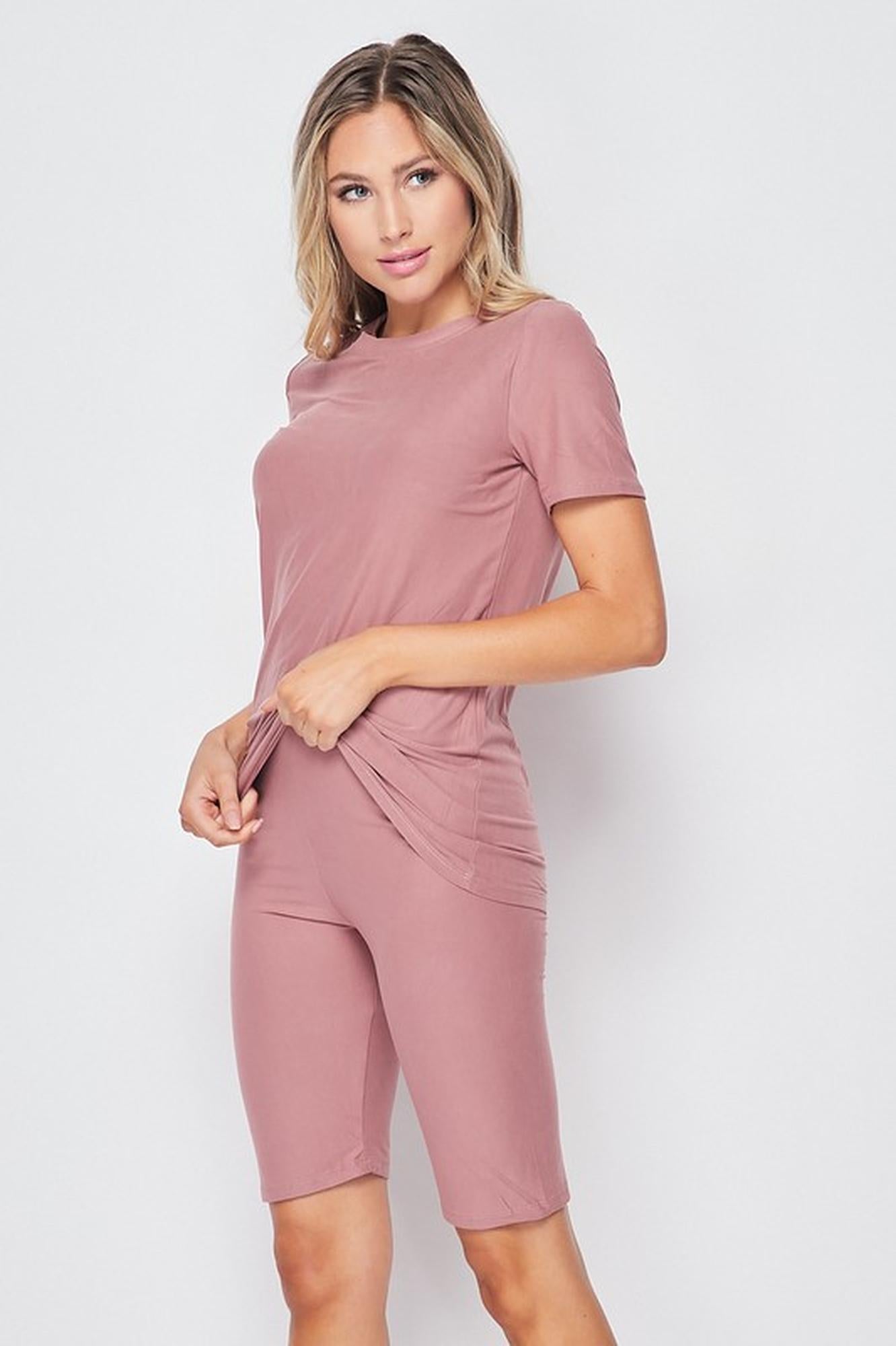 2 Piece Buttery Soft Essential Solid Biker Premium Shorts and T-Modern Shirt Set