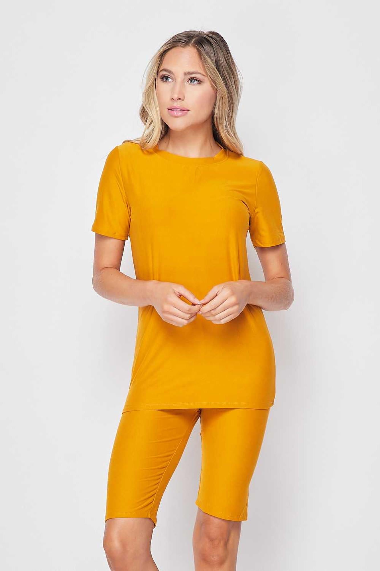 2 Piece Buttery Soft Essential Solid Biker Premium Shorts and T-Modern Shirt Set