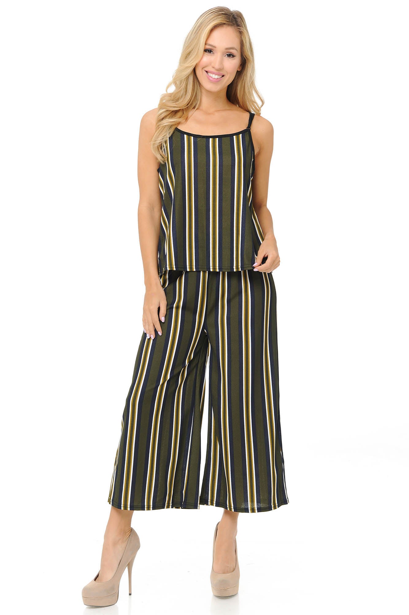 Olive Stripes Summer Palazzo Capri-Length and Spaghetti Tank Premium Top Set