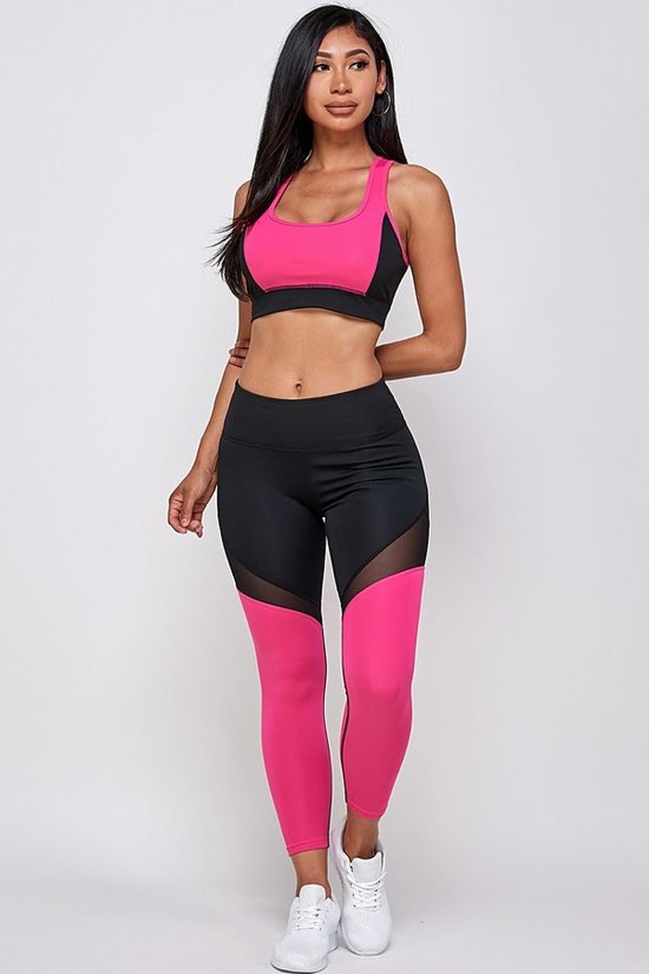 Premium 2 Piece Fuchsia Color Block Bra Premium Top and Leggings Sport Set