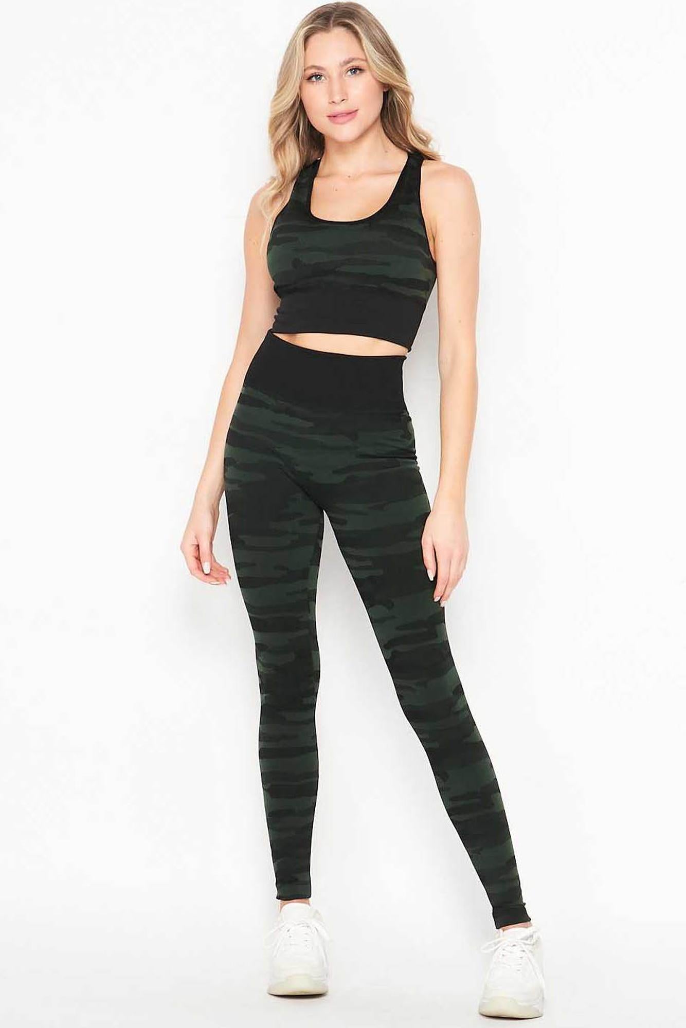 2 Piece Seamless Olive Camouflage Bra Premium Top and Leggings Sport Set