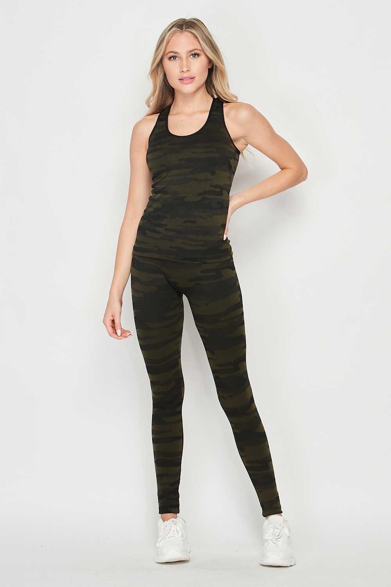 2 Piece Seamless Olive Camouflage Tank Premium Top and Legging Set