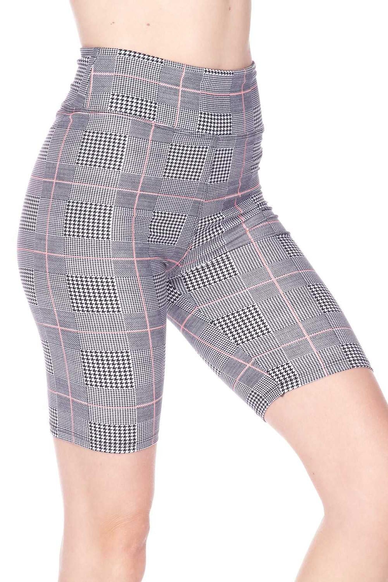 Buttery Soft Coral Accent Glenn Plaid Biker Premium Shorts - 3 Inch Waist Band
