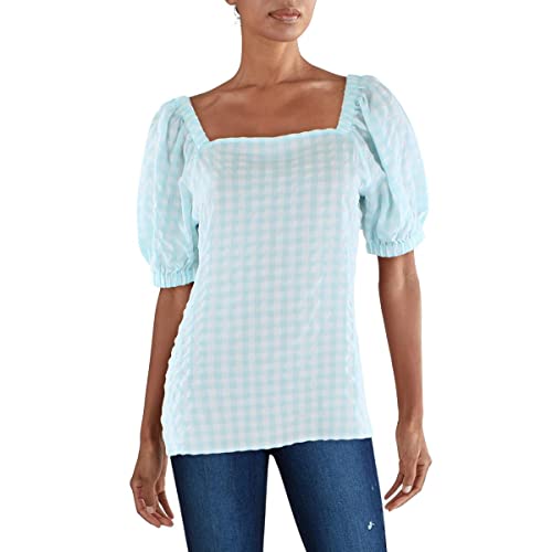 Anne Klein Womens Checkered Square-Neck Pullover Premium Top
