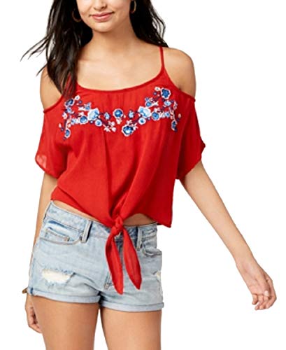 Juniors' Embroidered Cold-Shoulder Premium Top