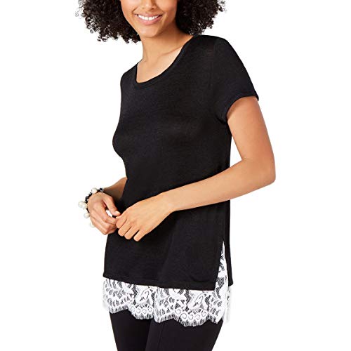INC Short-Sleeve Lace-Trim Knit Premium Top