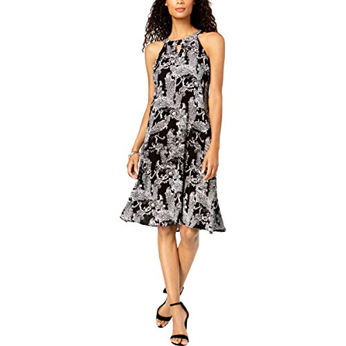 Petite Printed Keyhole-Neck Trapeze Dress with Necklace