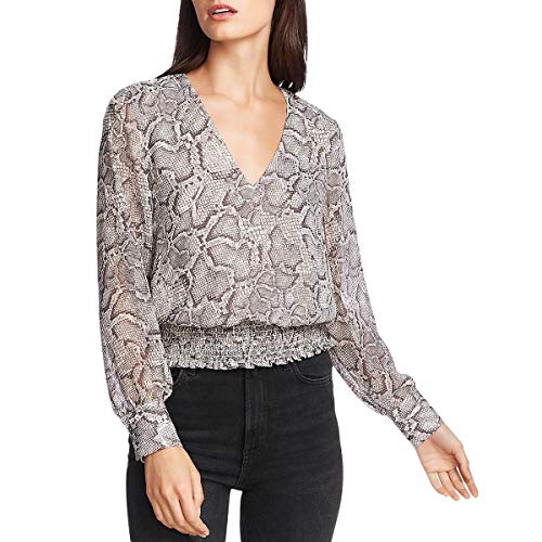 Smocked Snake-Print V-Neck Premium Top