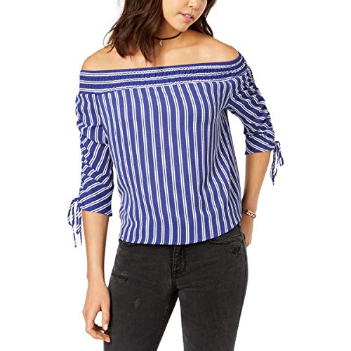 Juniors' Striped Off-The-Shoulder Ruched-Sleeve Premium Top