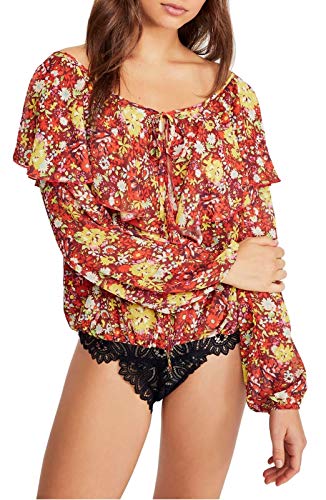 Intimately Free People Womens  Long-Sleeve Floral Ruffle Bodysuit Signature Blouse Red Sienna L