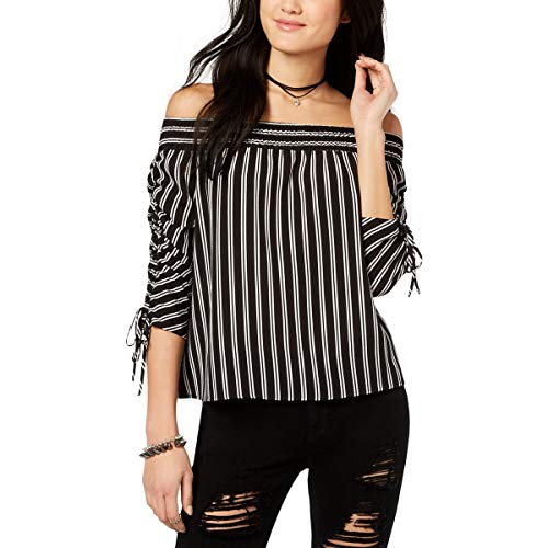 Juniors' Striped Off-The-Shoulder Ruched-Sleeve Premium Top