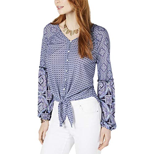 Mixed-Print Tie-Front Button-Up Premium Top