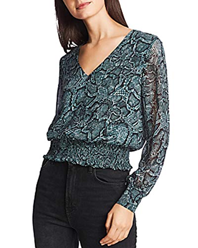 Smocked Snake-Print V-Neck Premium Top