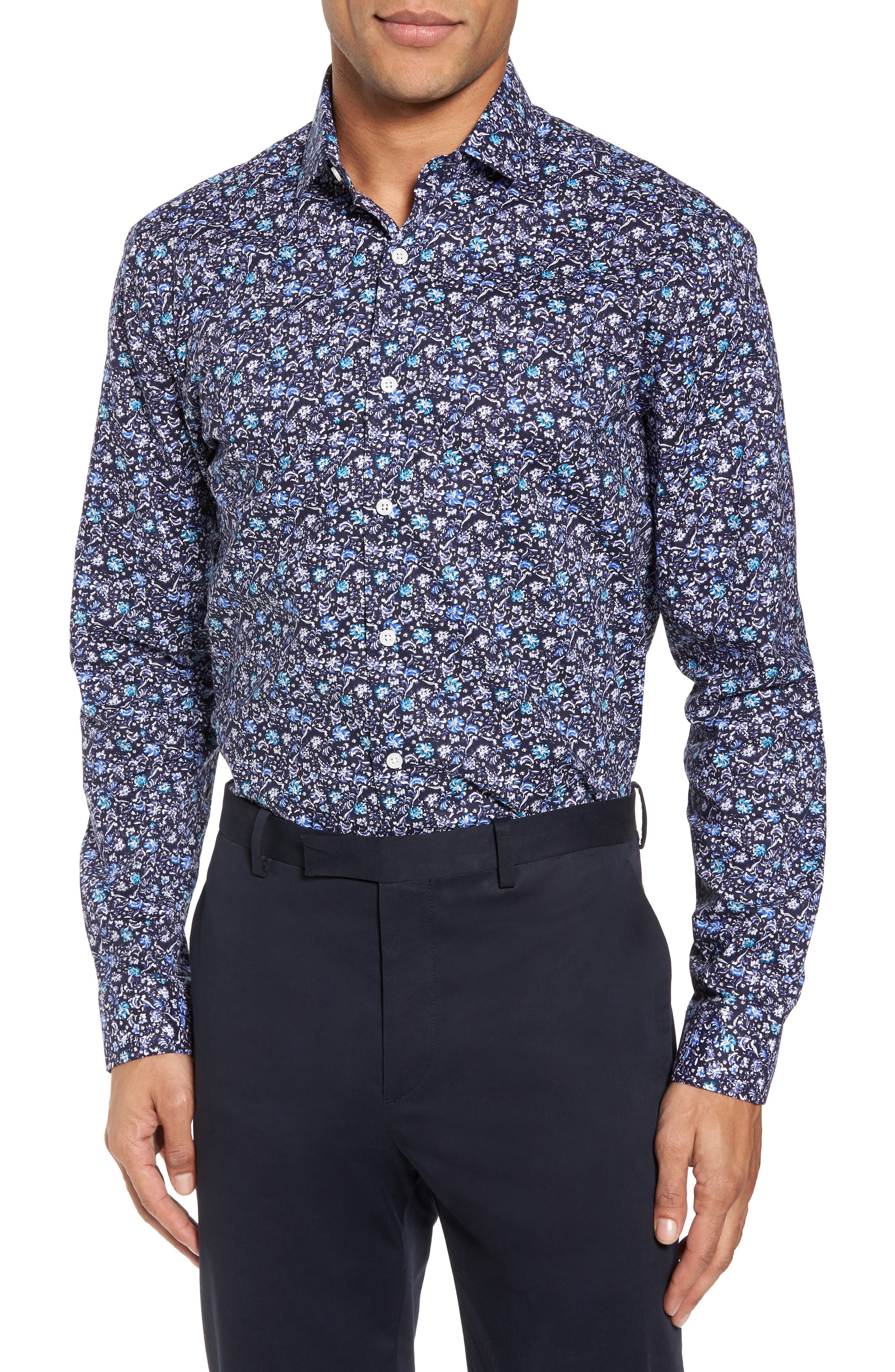 Duchamp Men's Trim Fit Floral Dress Modern Shirt