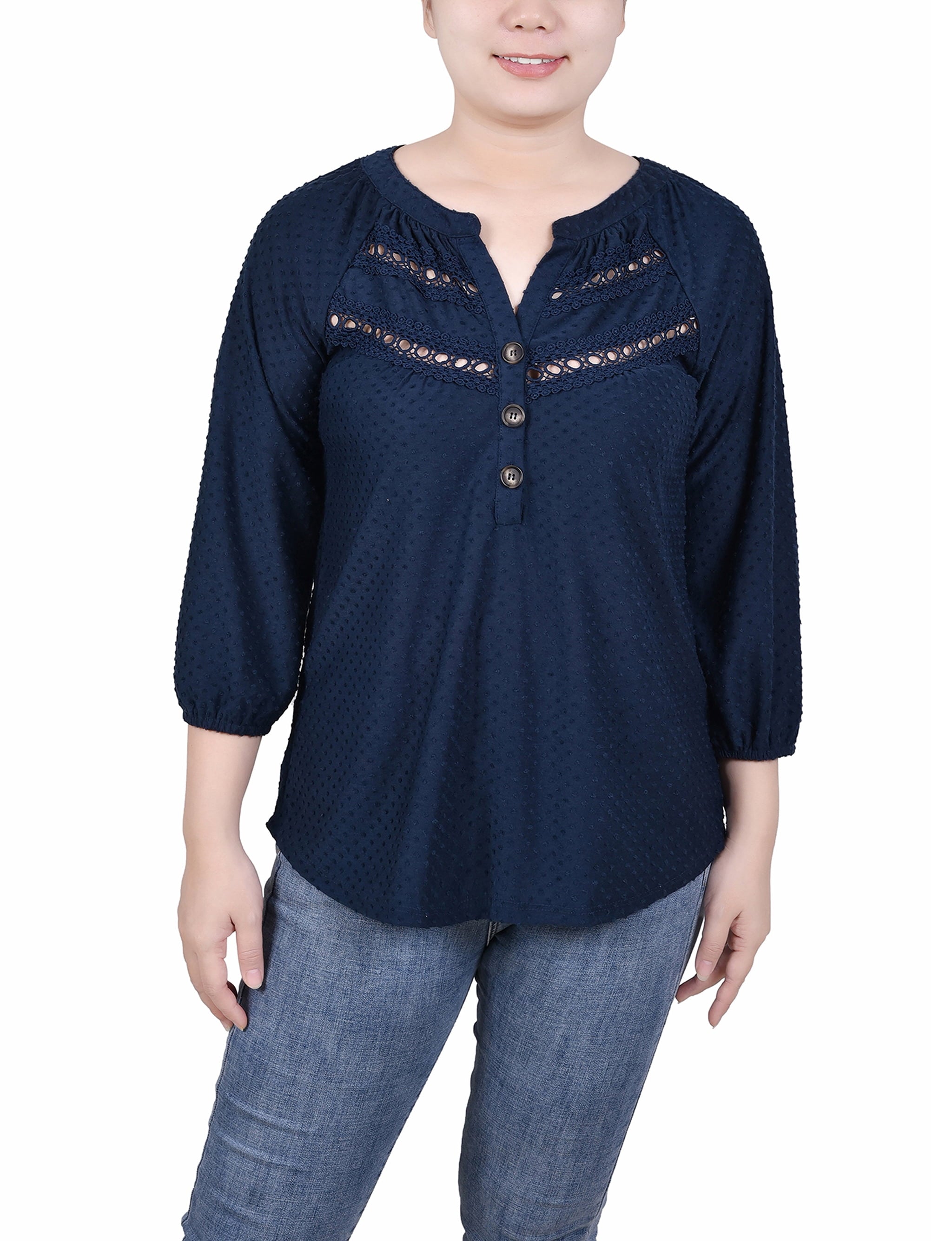 Petite 3/4 Sleeve Swiss Dot Henley Premium Top