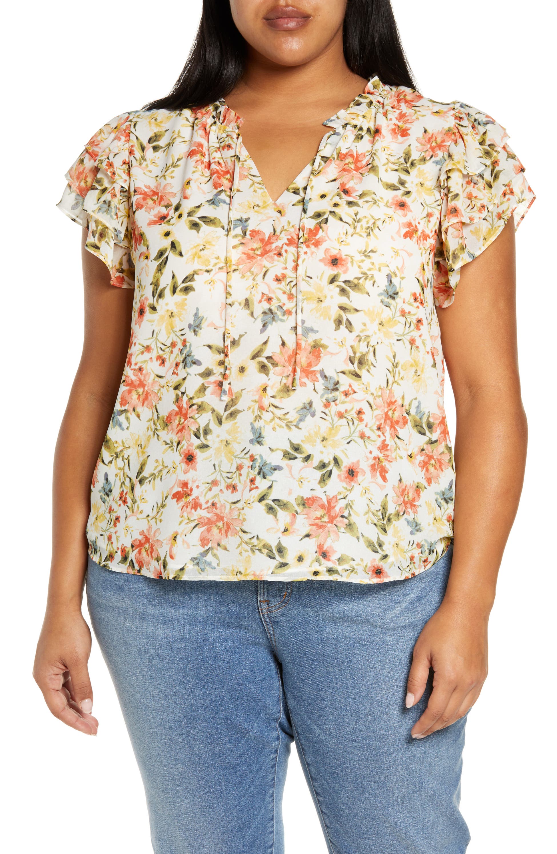 1.State Modern Plus Size Printed Flutter-Sleeve Premium Top