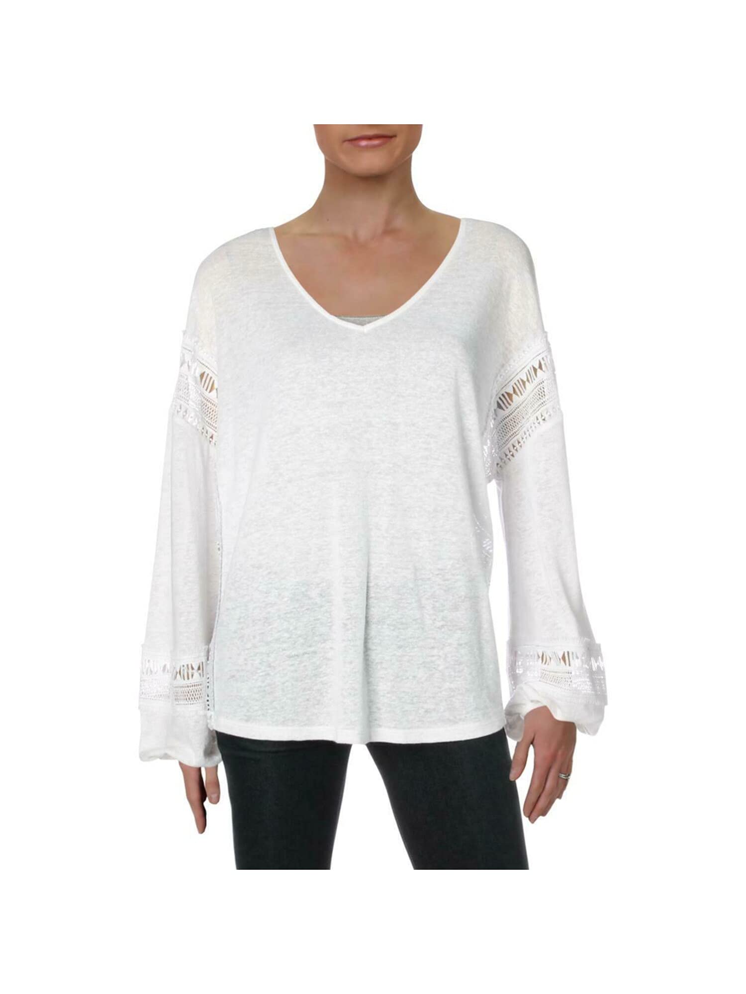 Womens White Embroidered Long-Sleeve V Neck Premium Top