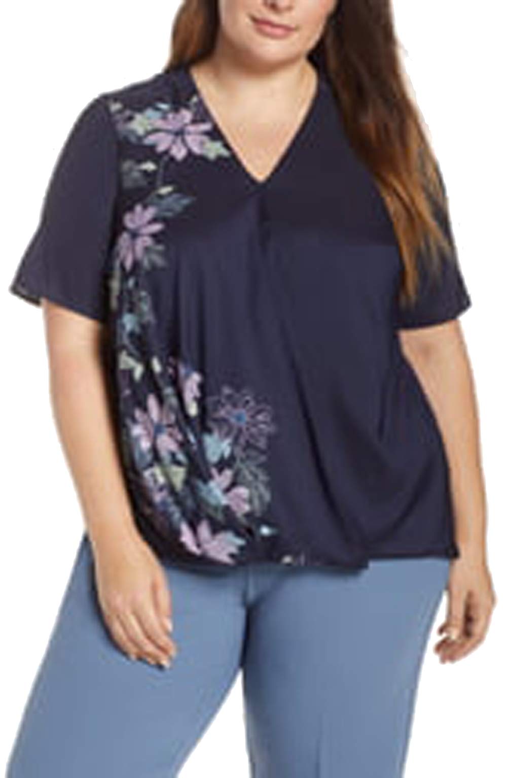Vince Camuto Womens Plus Floral Wrap Pullover Premium Top Navy 2X