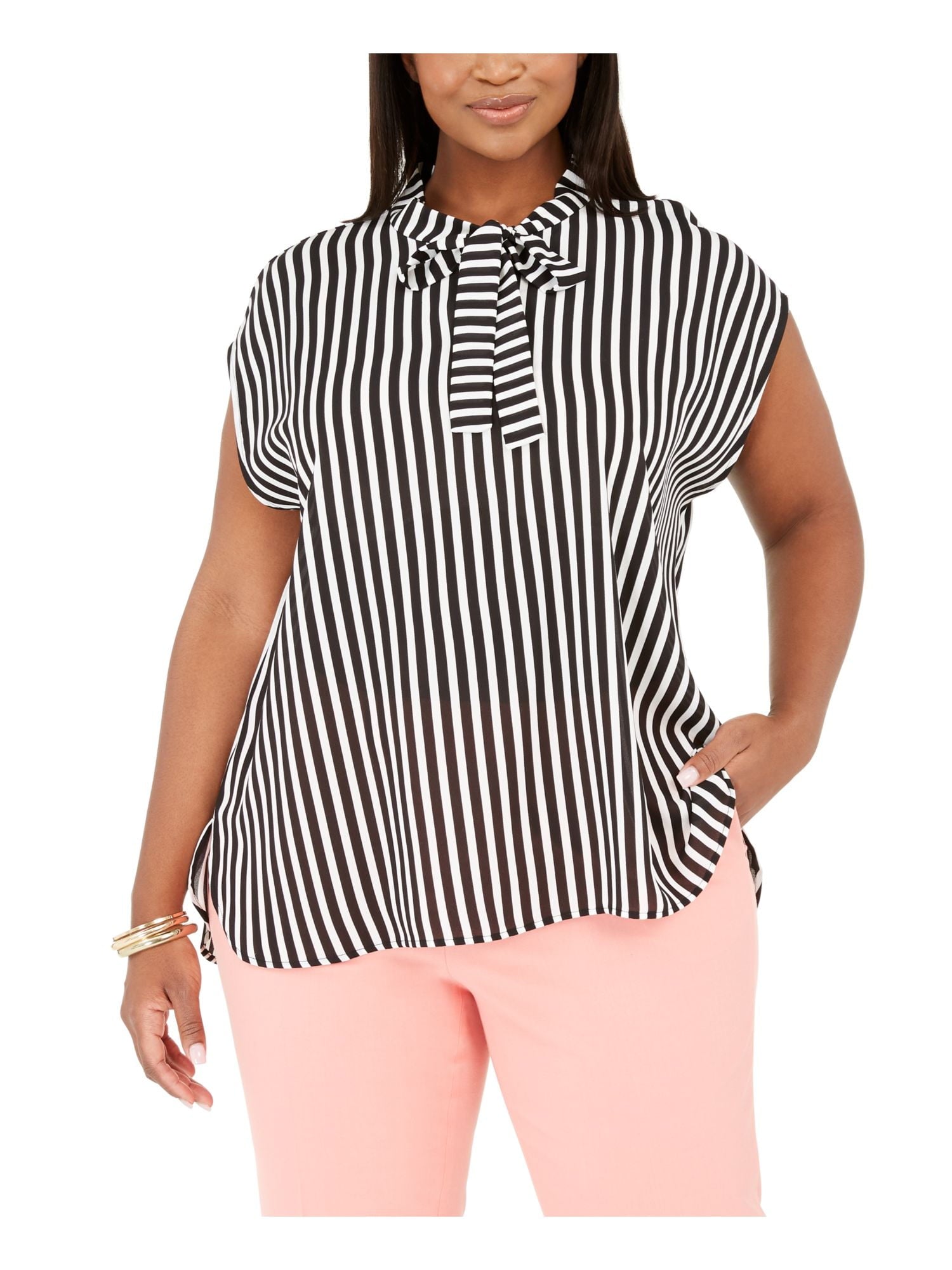Modern Plus Size Tie-Neck Striped Premium Top