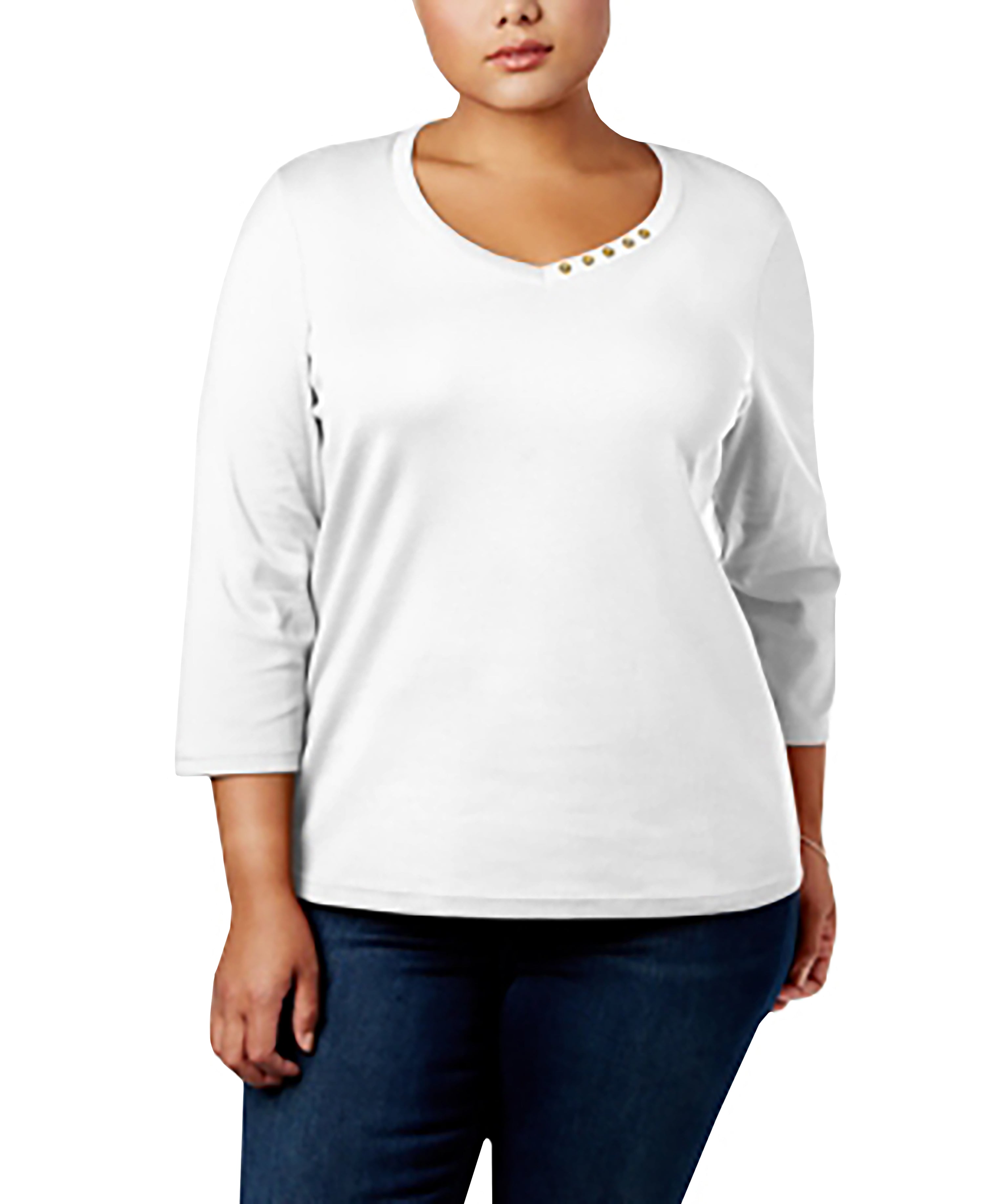 Karen Scott Plus Size Cotton Button Trim V Neck Premium Top