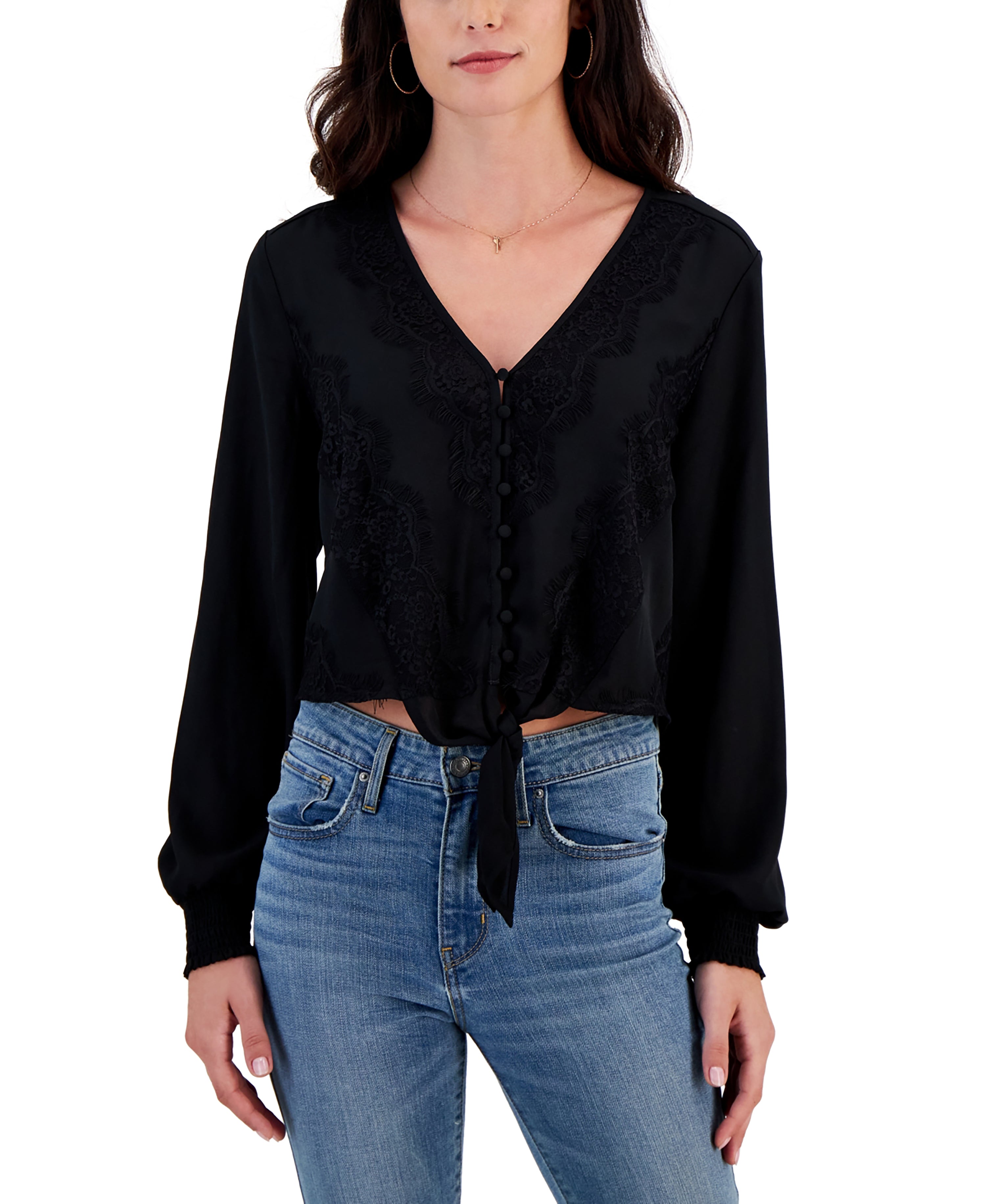 Juniors' Lace-Trimmed V-Neck Tie-Front Premium Top