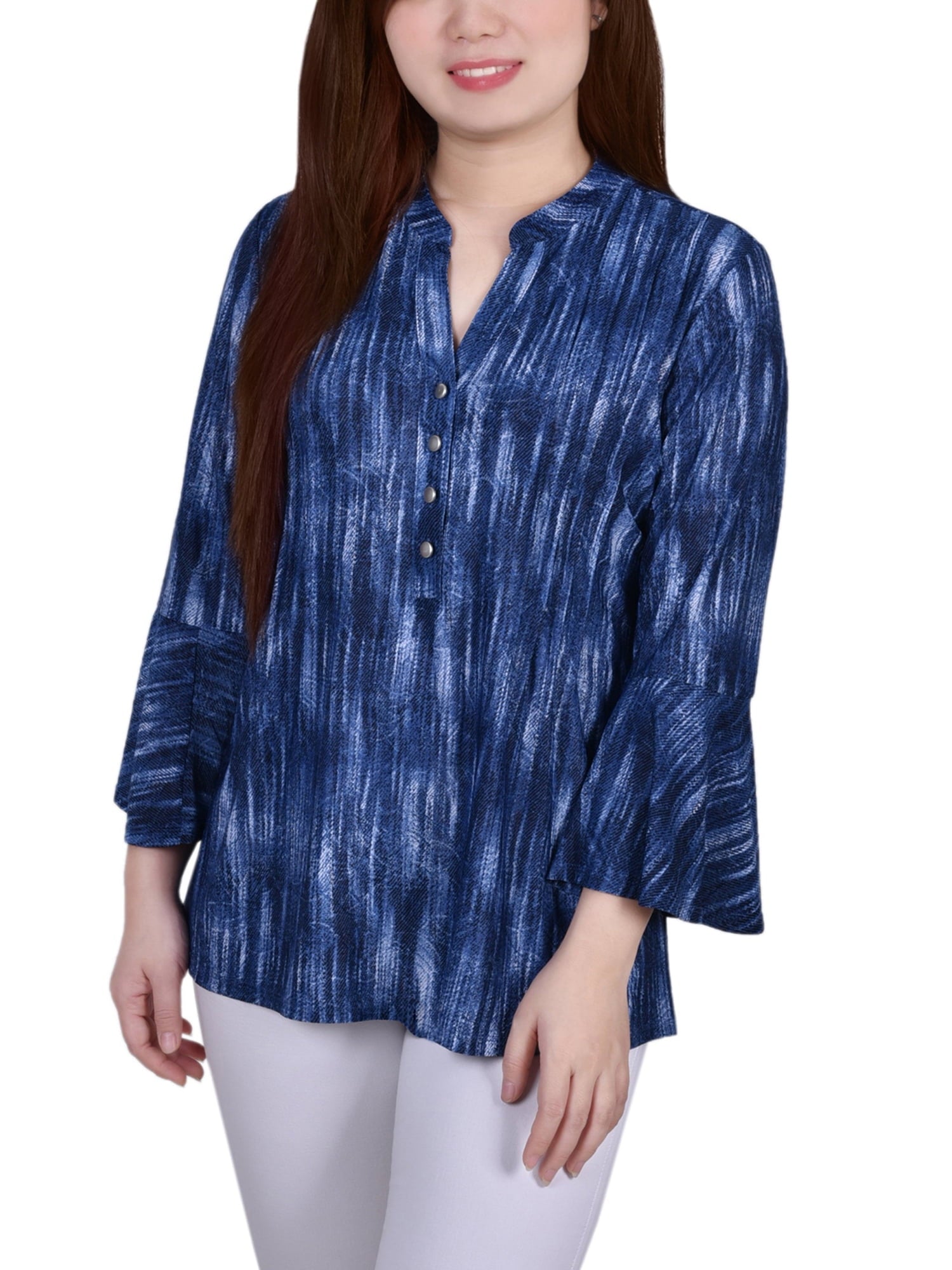 Petite 3/4 Bell Sleeve Printed Pleat Front Y-neck Premium Top