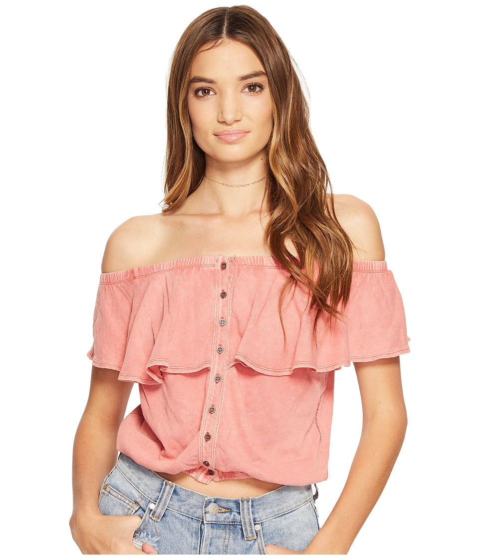 Free People Off-The-Shoulder Ruffled Signature Blouse (Coral, L)