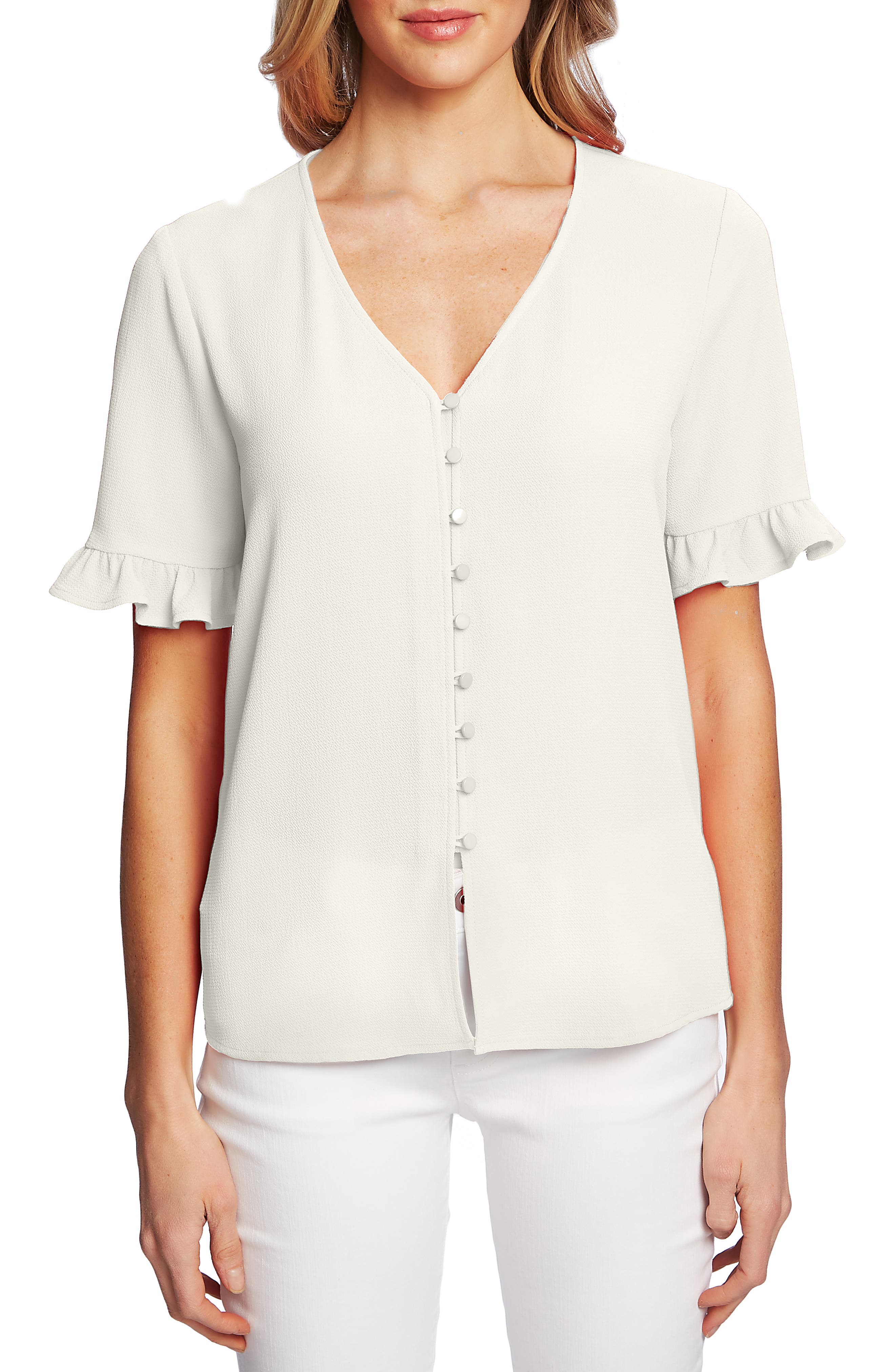 CeCe Womens V-Neck Ruffled Button-Down Premium Top