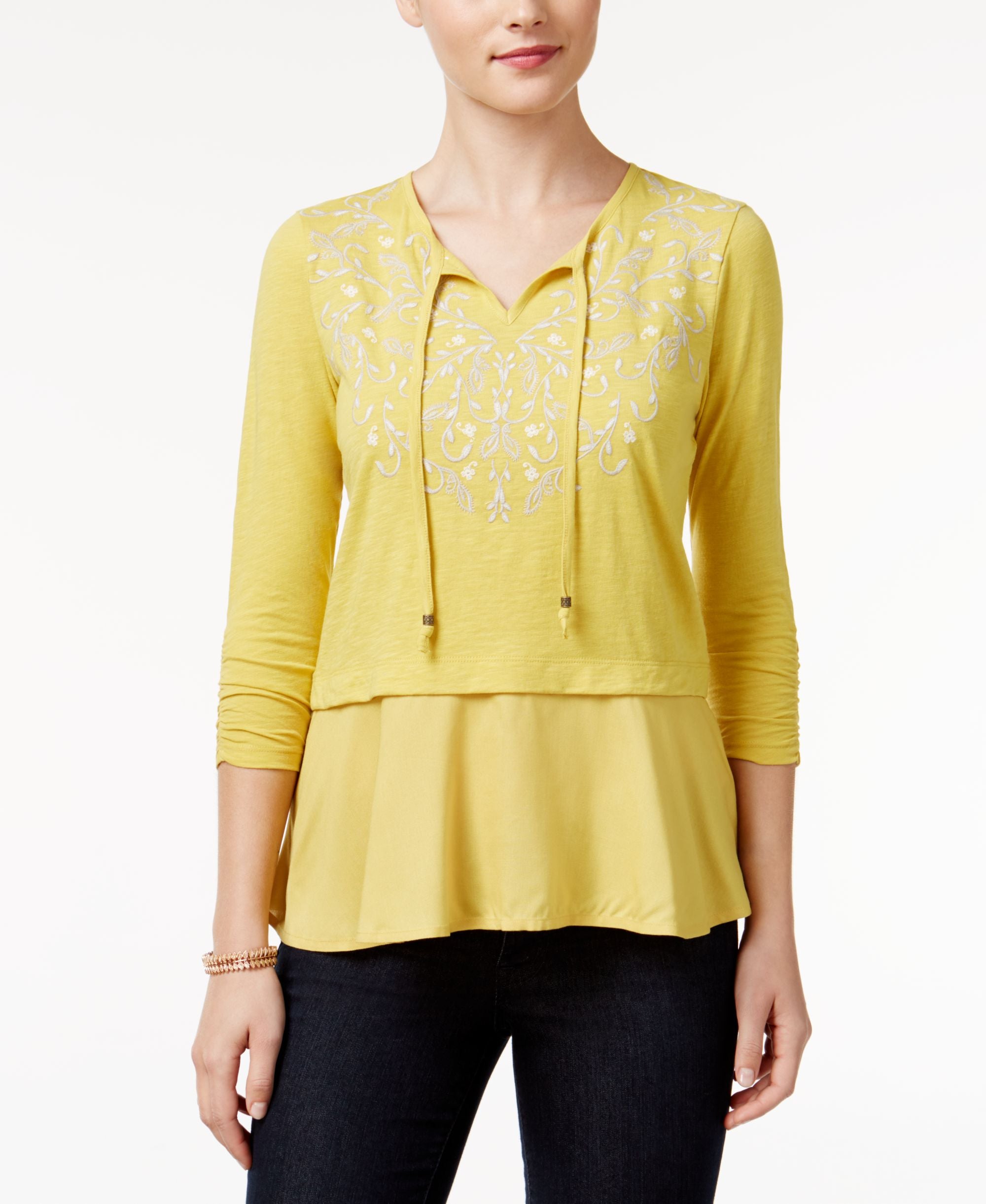 Style & Co Petite Embroidered Layered Look Peasant Premium Top