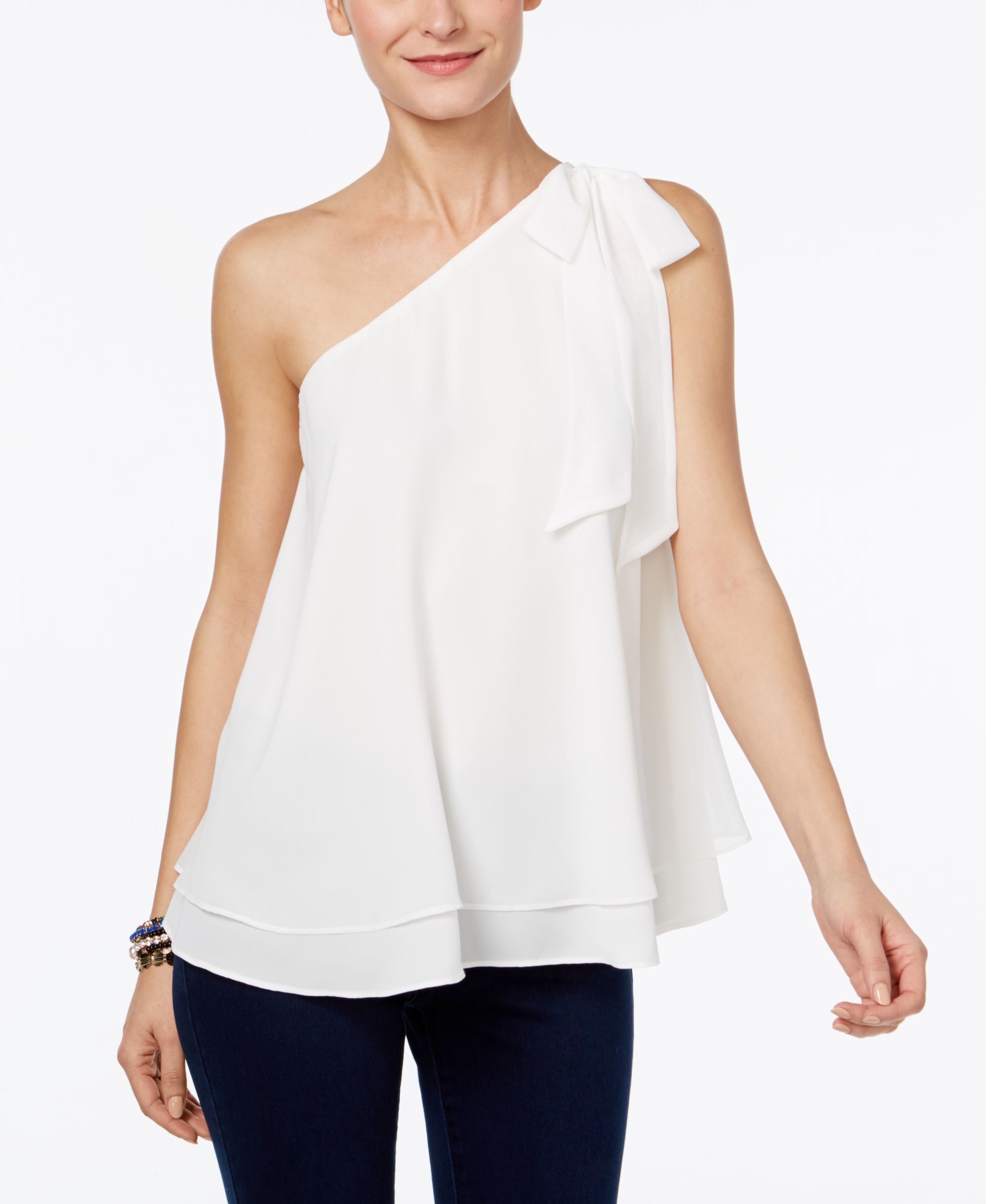 INC International Concepts Petite One Shoulder Bow Signature Blouse