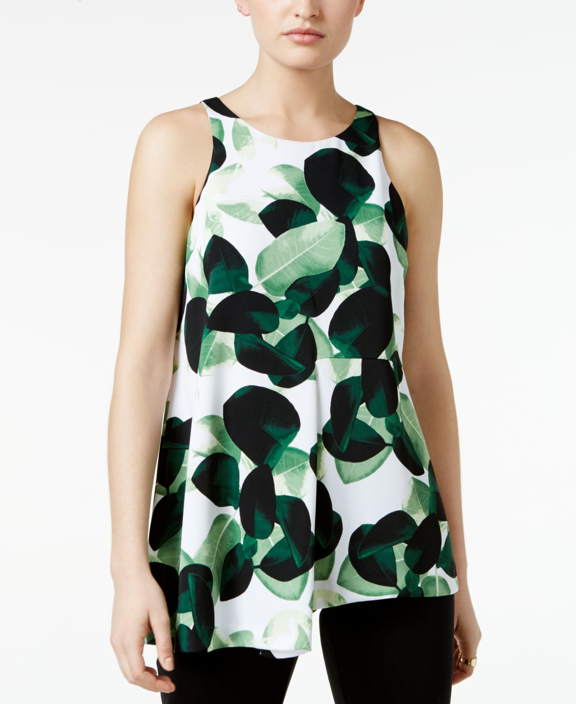 Alfani Petite Leaf Print Asymmetrical Premium Top