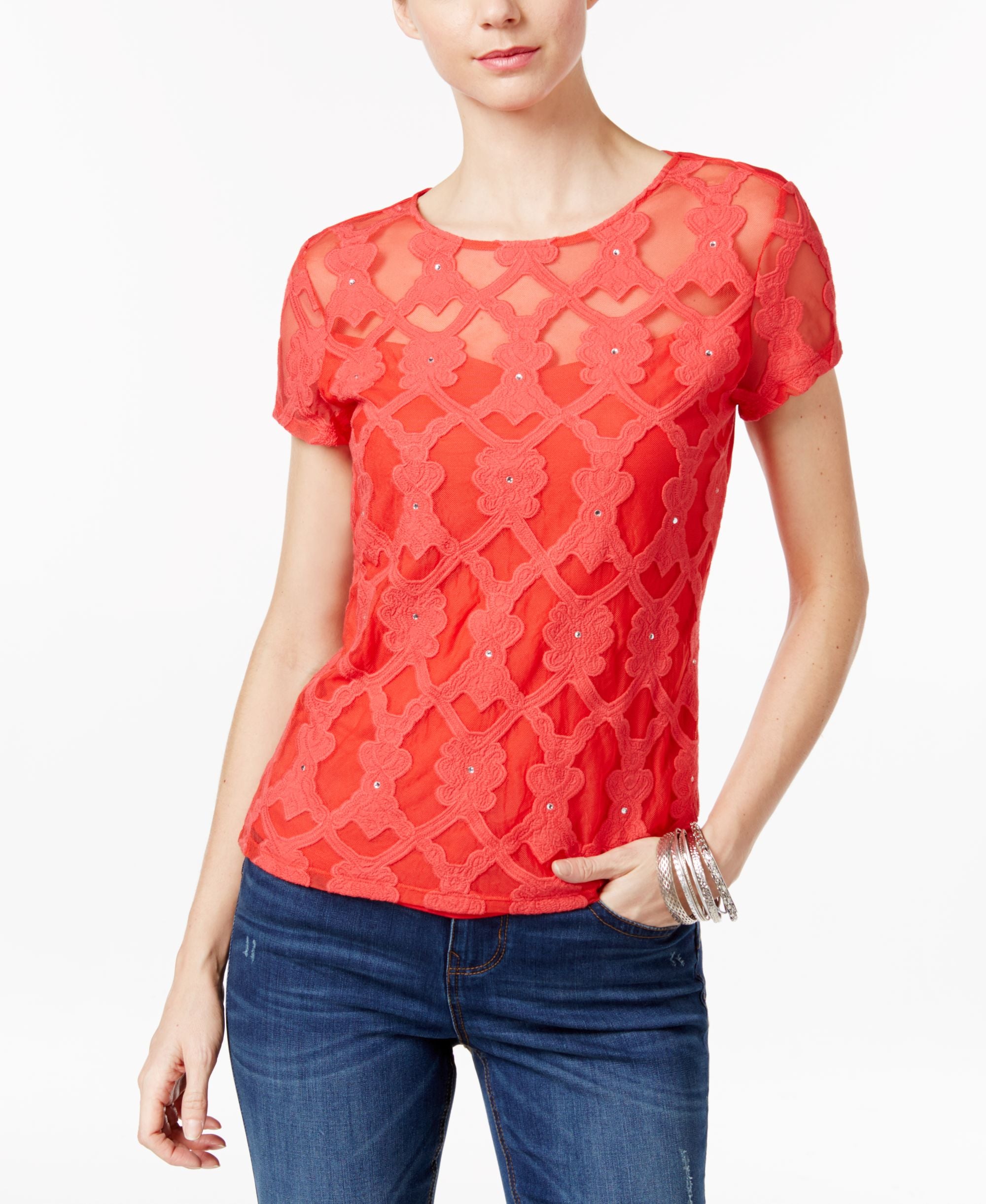 INC International Concepts Petite Embroidered Illusion Premium Top