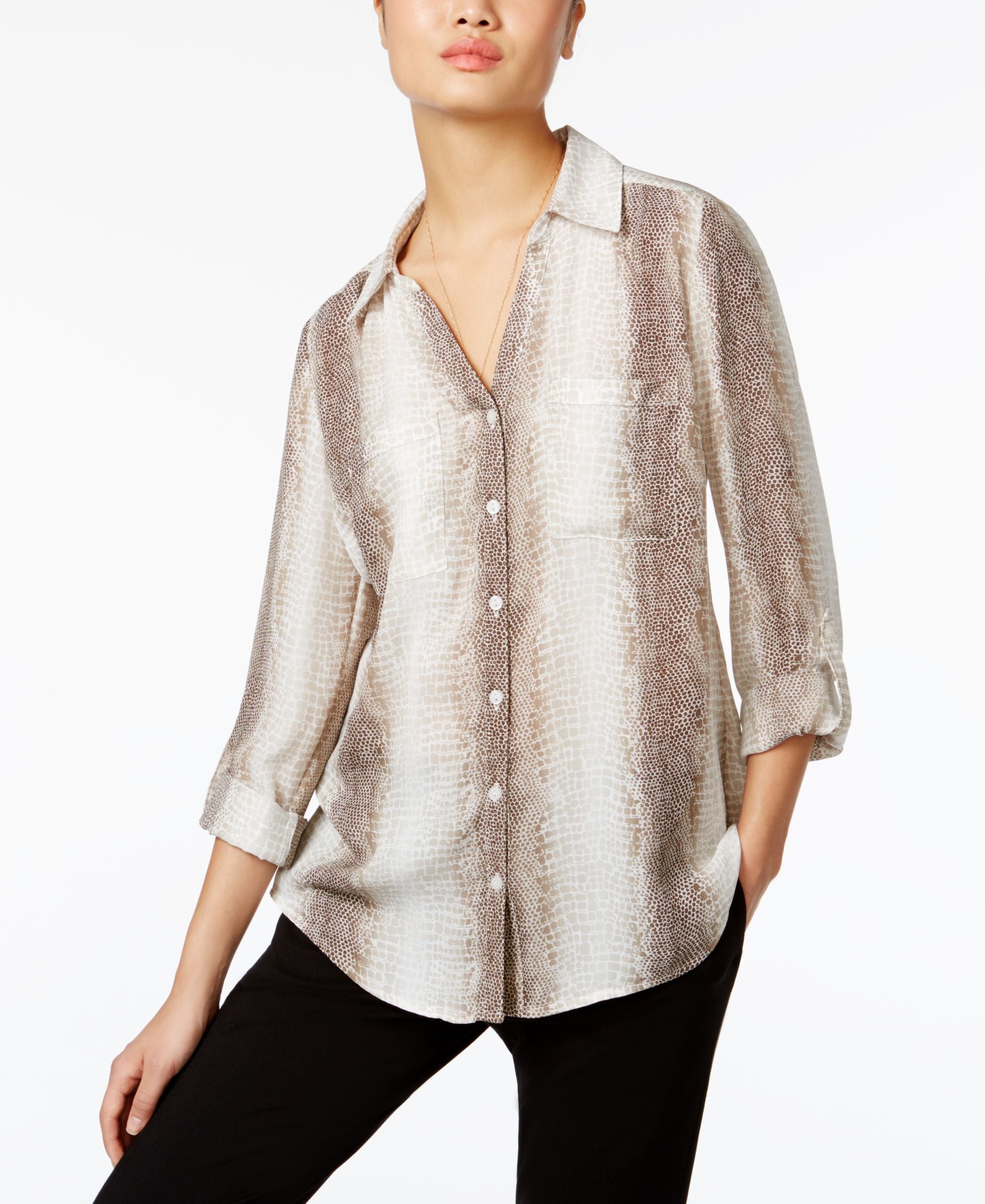 NY Collection Collared Utility Signature Blouse