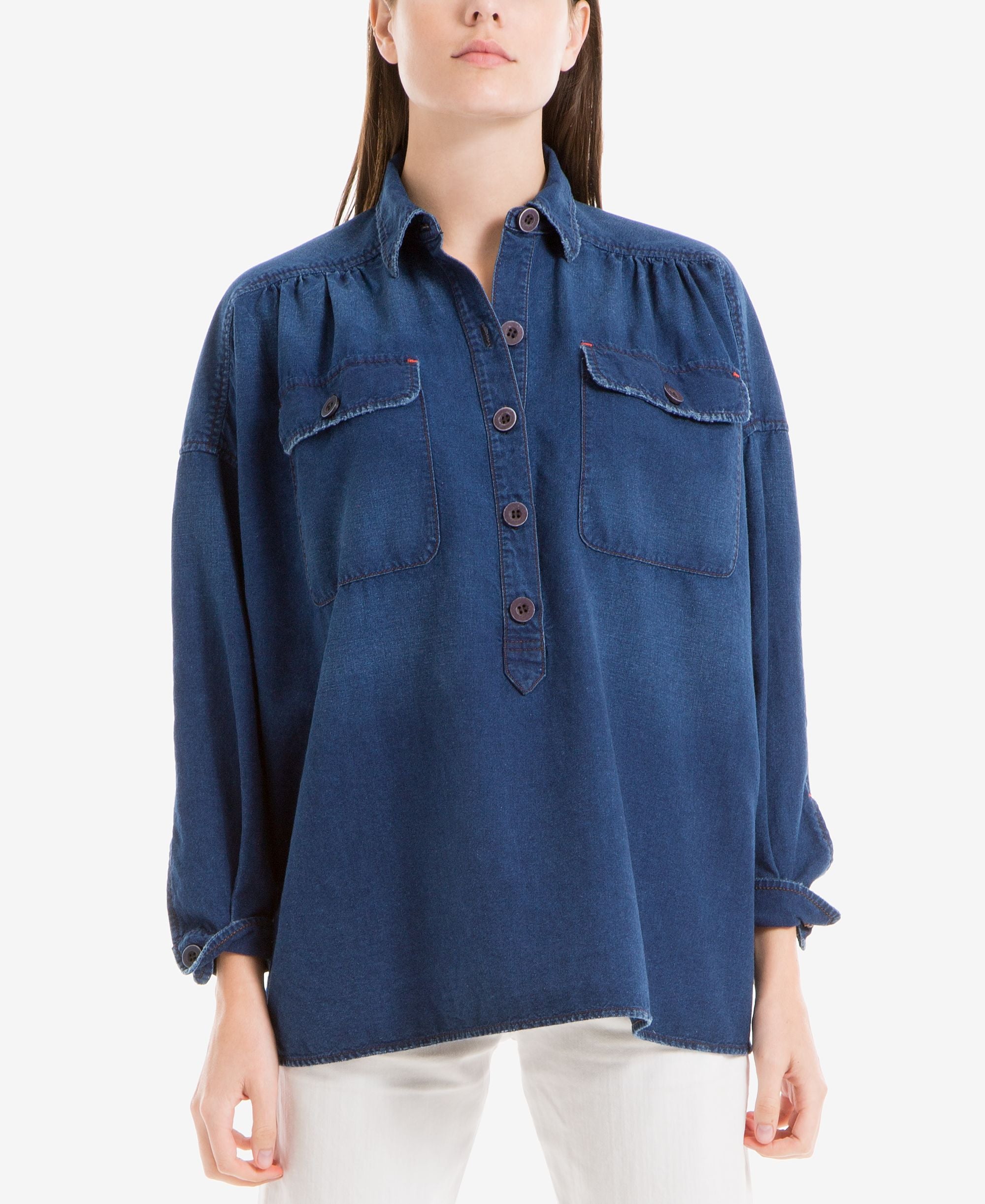 Max Studio London Cotton Popover Denim Modern Shirt