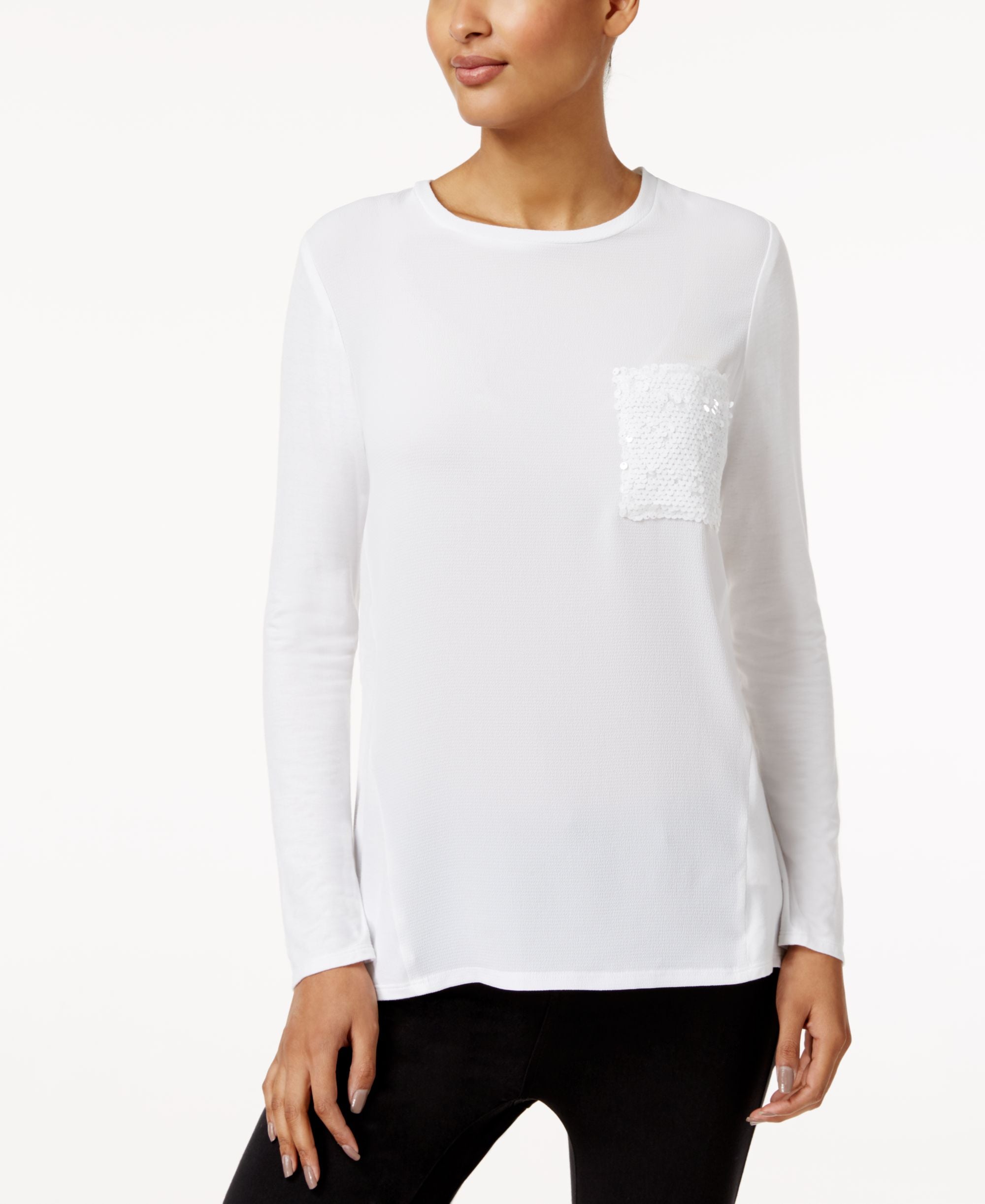 NY Collection Mixed Media Sequin Pocket Premium Top