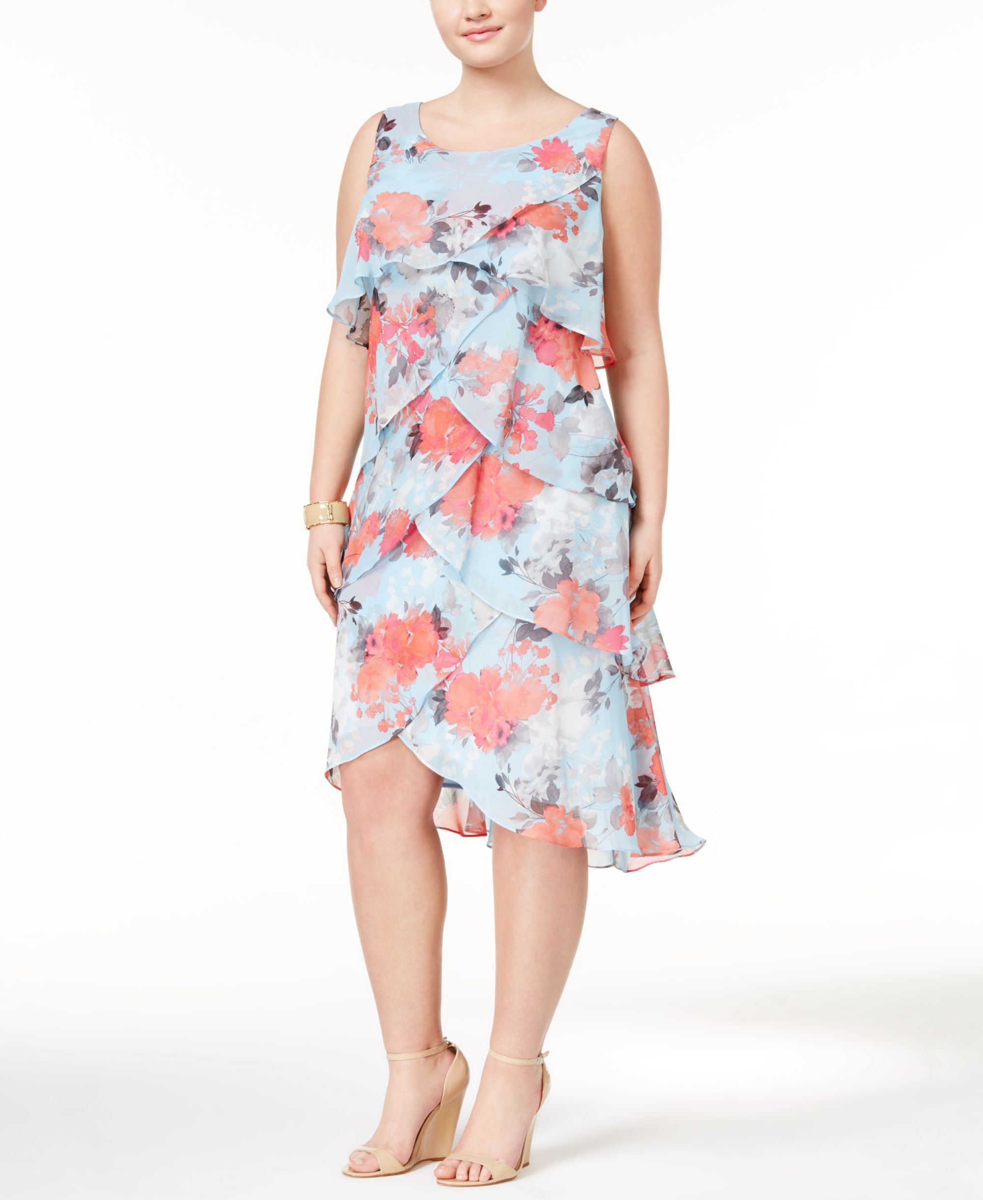 SL Fashions Plus Size Tiered Flounce Floral Print Sheath Dress