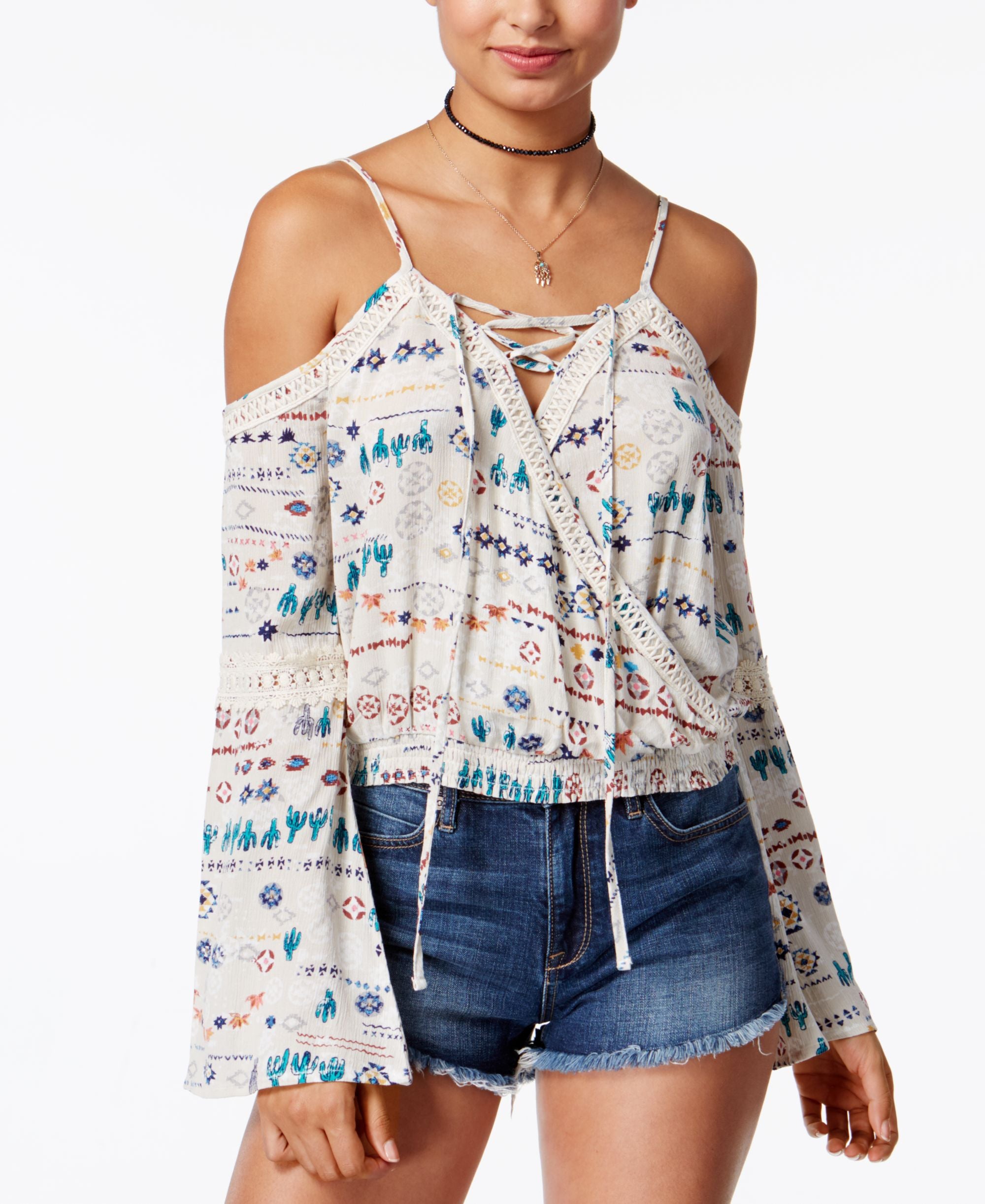 American Rag Juniors Printed Cold Shoulder Premium Top