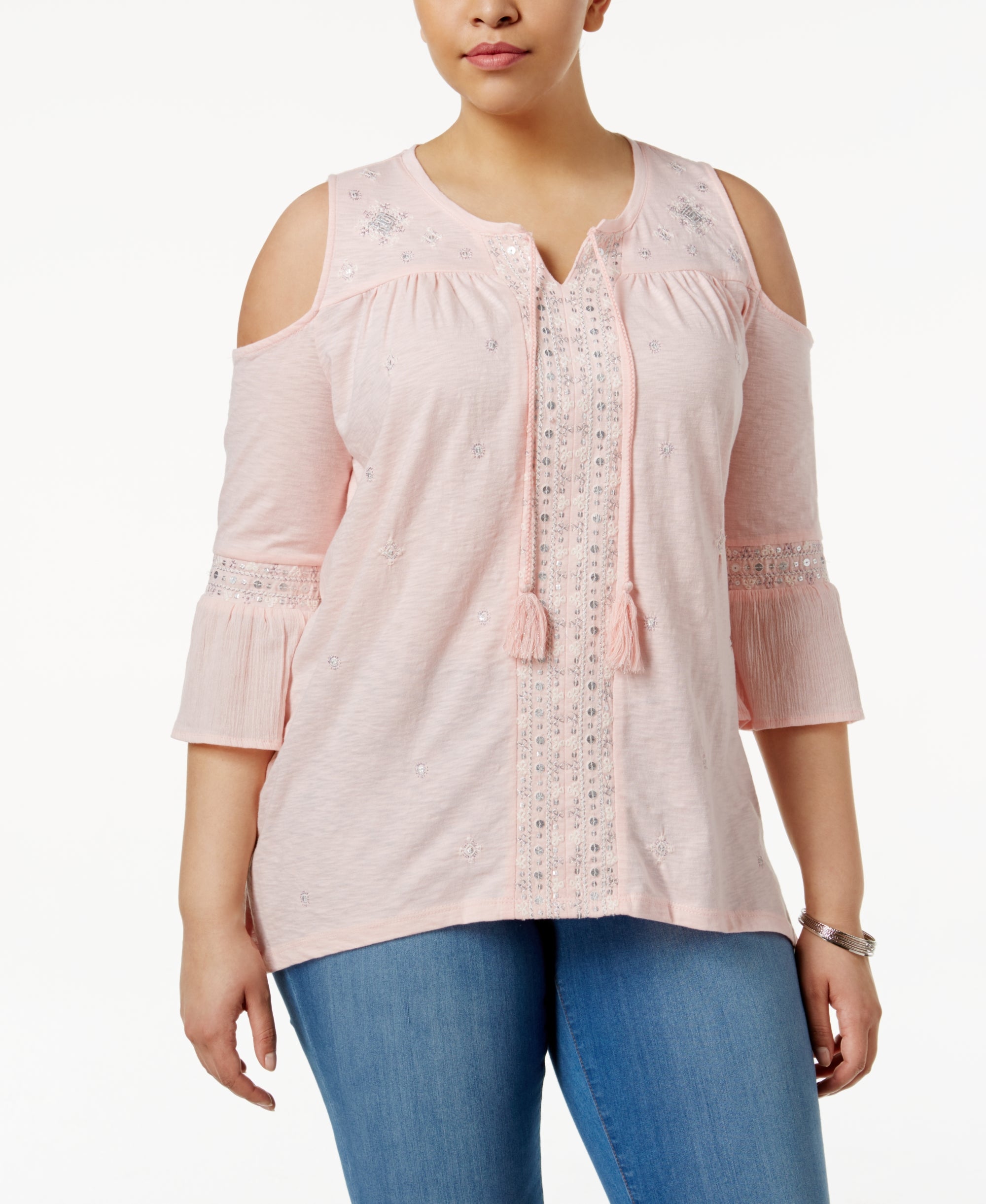 Plus Size Embellished Cold-Shoulder Peasant Premium Top