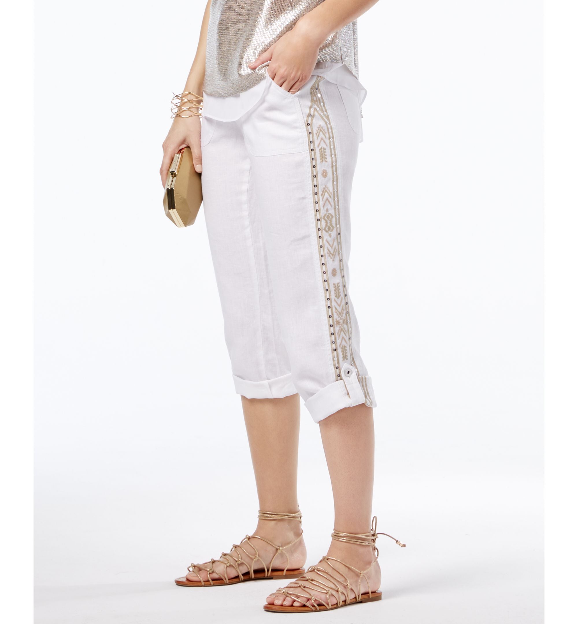 INC International Concepts Linen-Blend Embroidered Curvy Fit Signature Pants