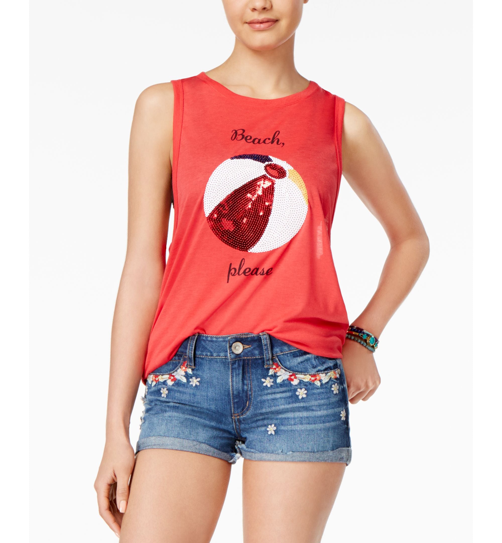 Freeze 24-7 Juniors' Sequined Beach Graphic Tank Premium Top