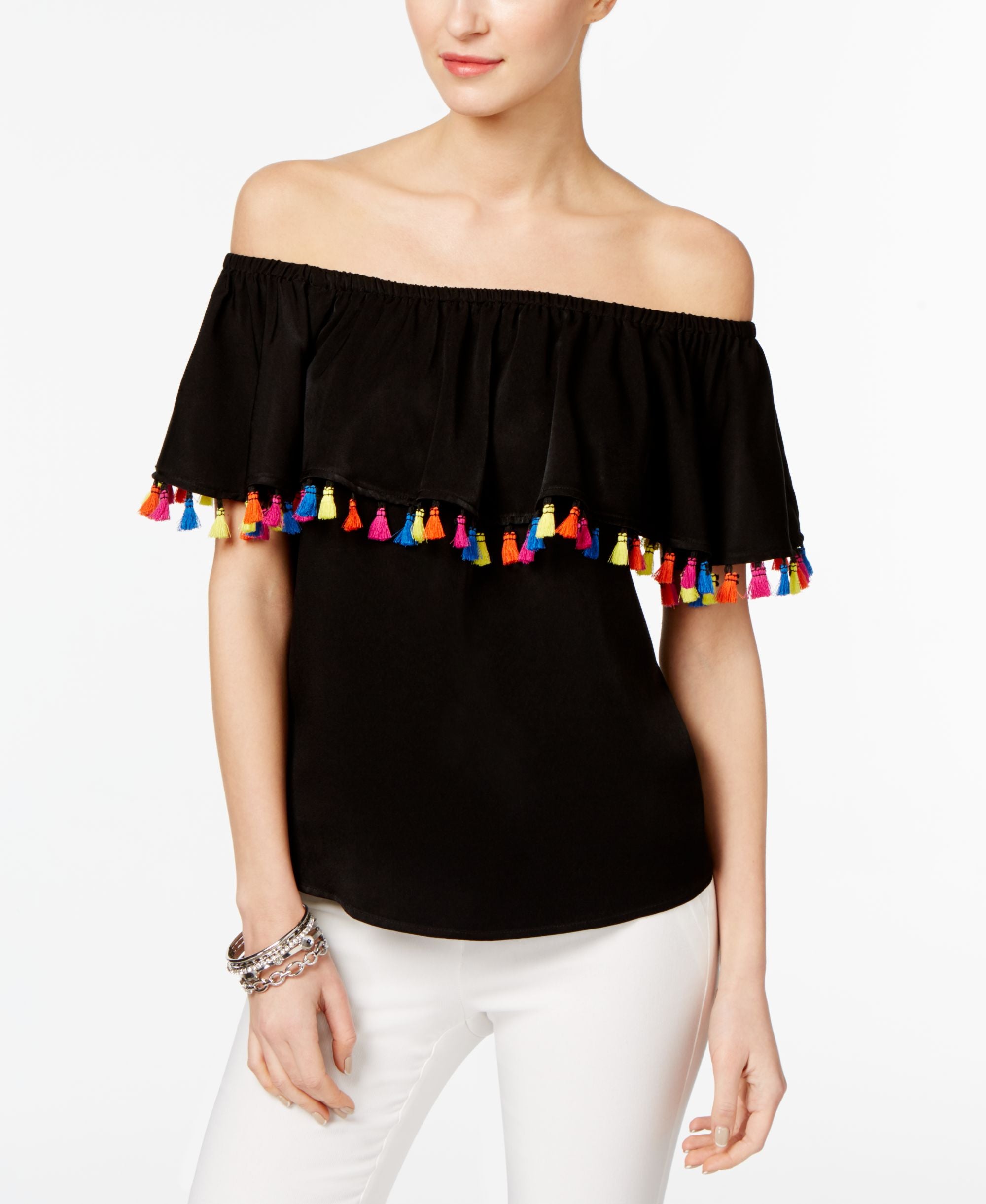 INC International Concepts Petite Tassel Trim Off The Shoulder Premium Top