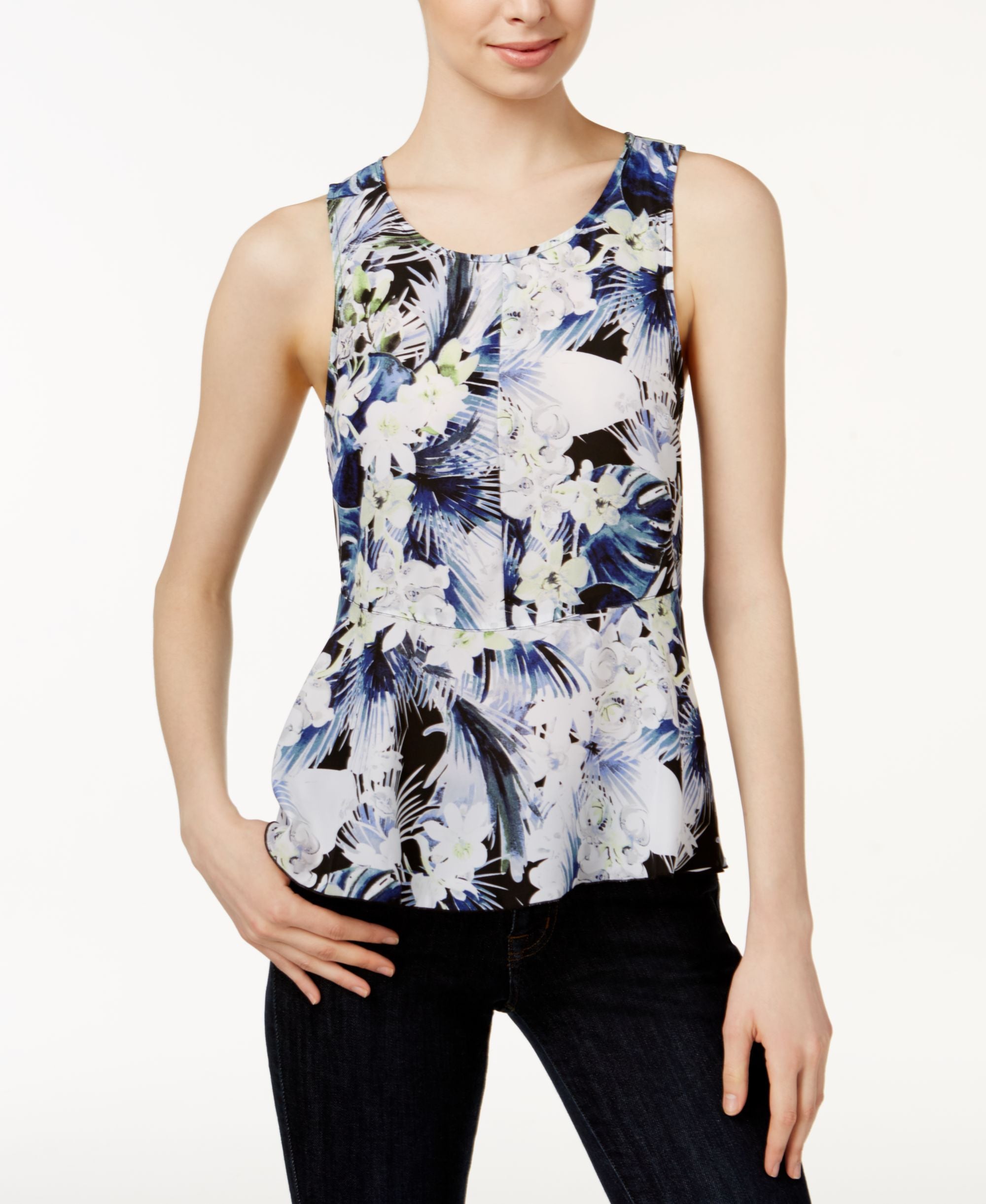 Kensie Tropical Printed Peplum Premium Top